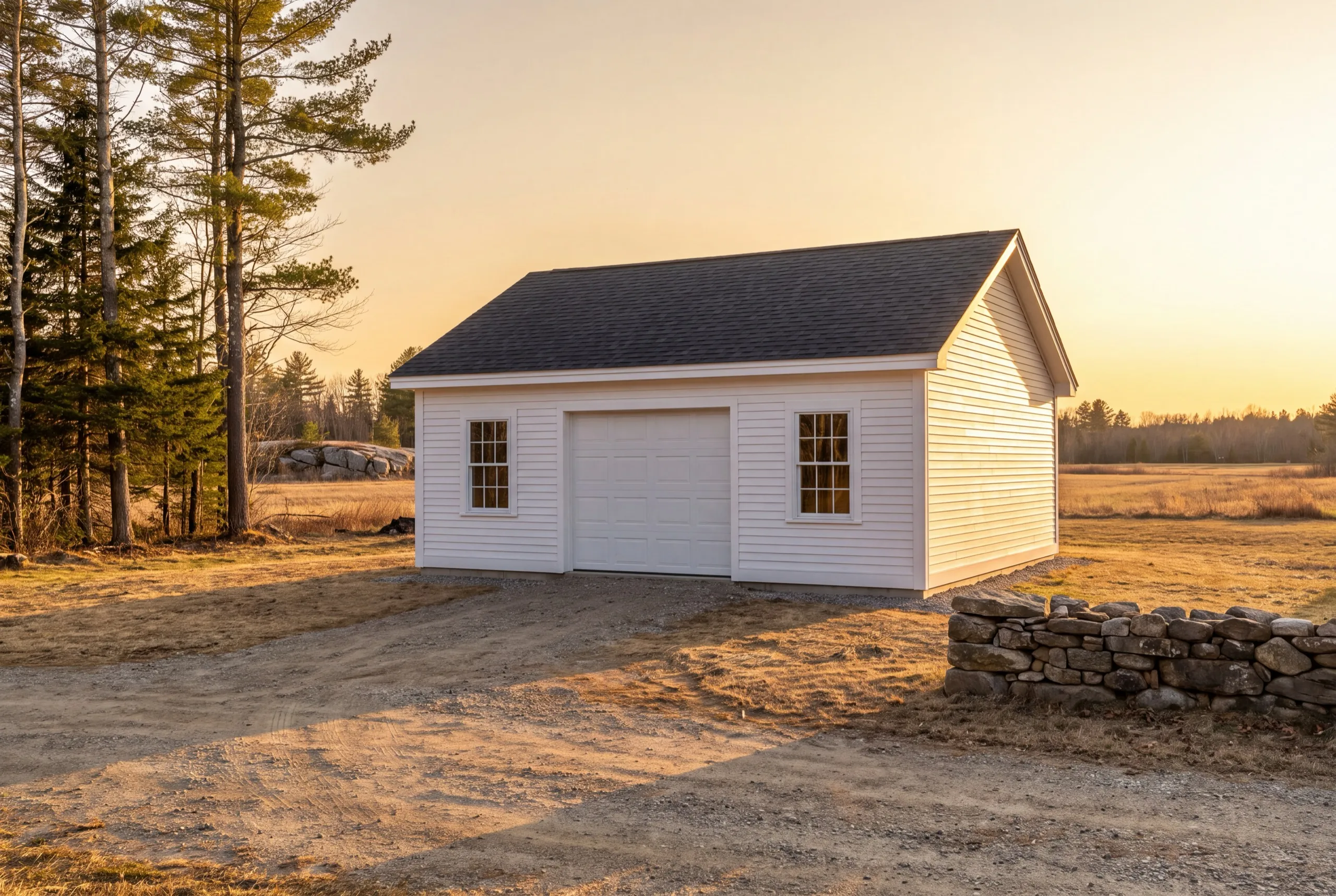 Custom garage builder Litchfield Maine: finished white detached one-bay garage on a dirt pad in an open field