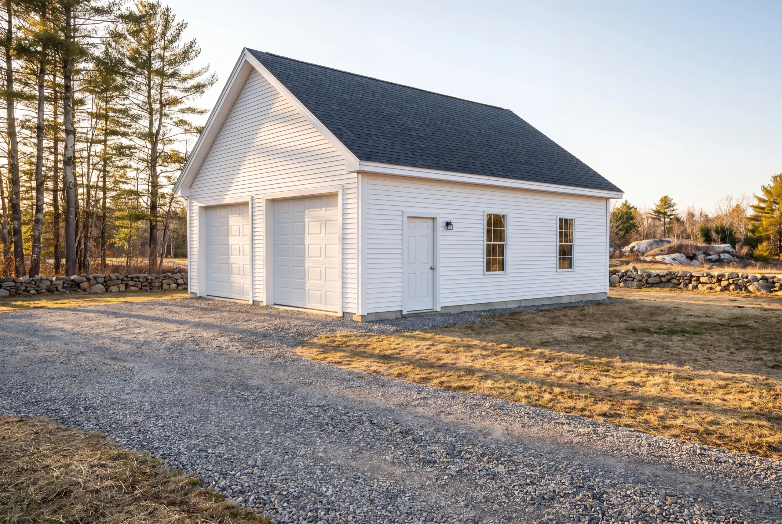 Detached garage builder Litchfield Maine: finished white detached two-bay garage with a side entry door on gravel