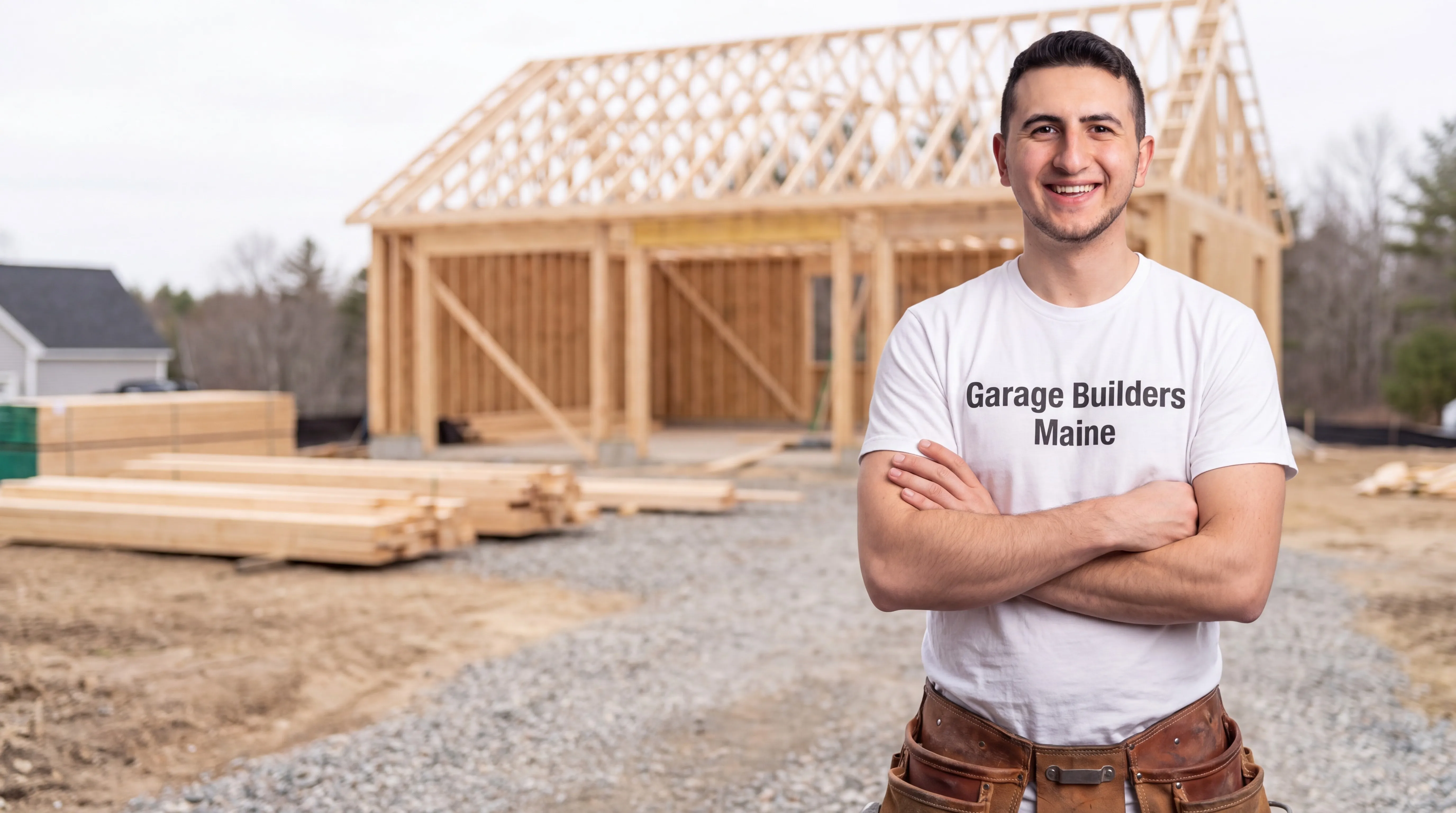 Owner of Garage Builders Maine standing with his arms crossed and smiling at a Maine job site