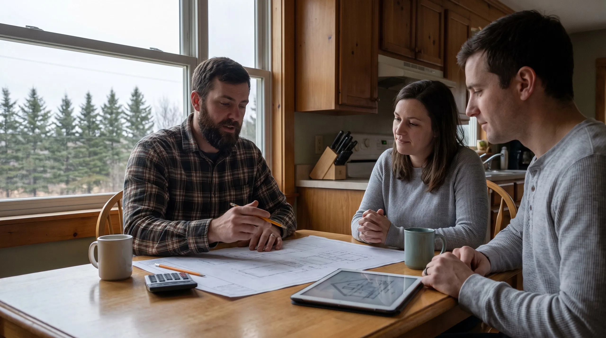 Detached garage builder Litchfield Maine: contractor goes over plans with a couple at a kitchen table with a calculator and tablet