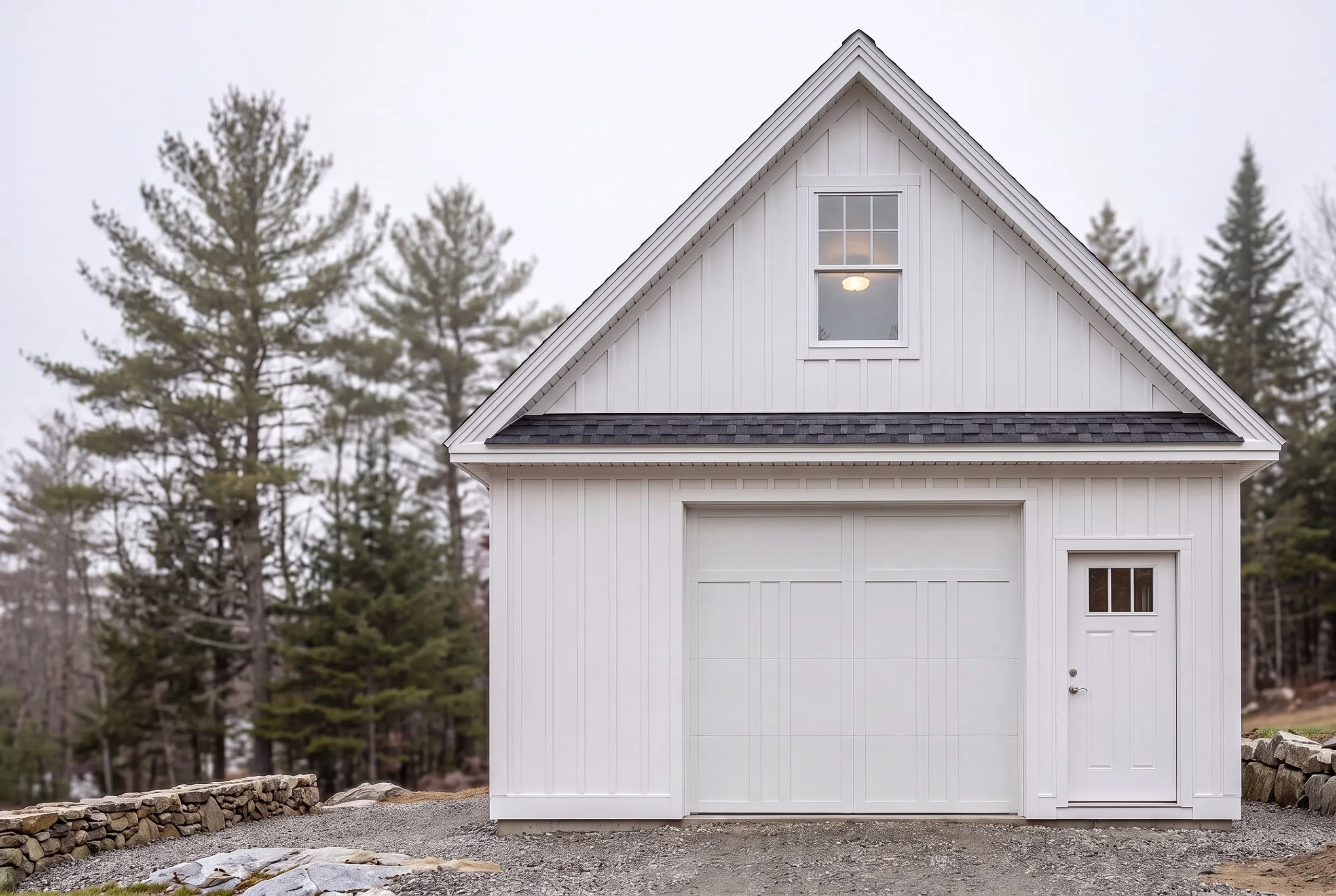 Garage builder Litchfield Maine: white board and batten one-bay garage with a lit loft window, carriage-style door and side entry