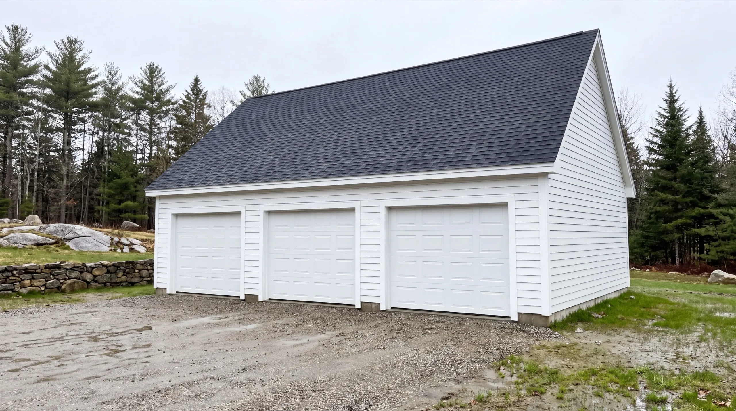 Garage builders Litchfield Maine: finished white detached three-bay garage with white doors on a gravel pad