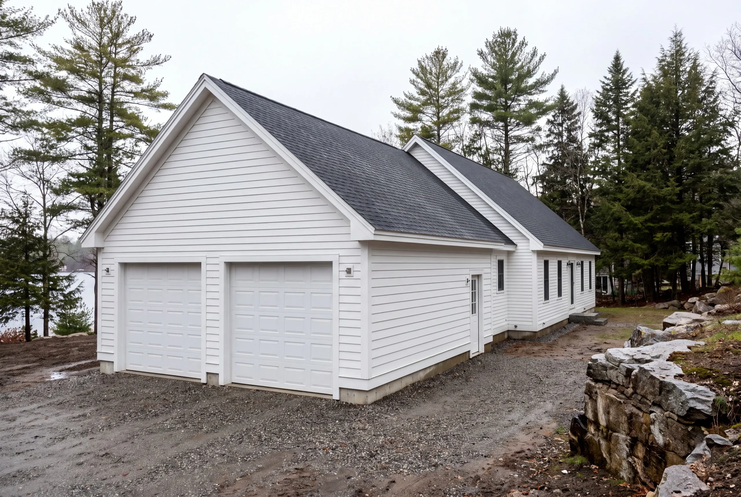 Garage builders Manchester Maine: white two-bay garage attached to a long white house on gravel