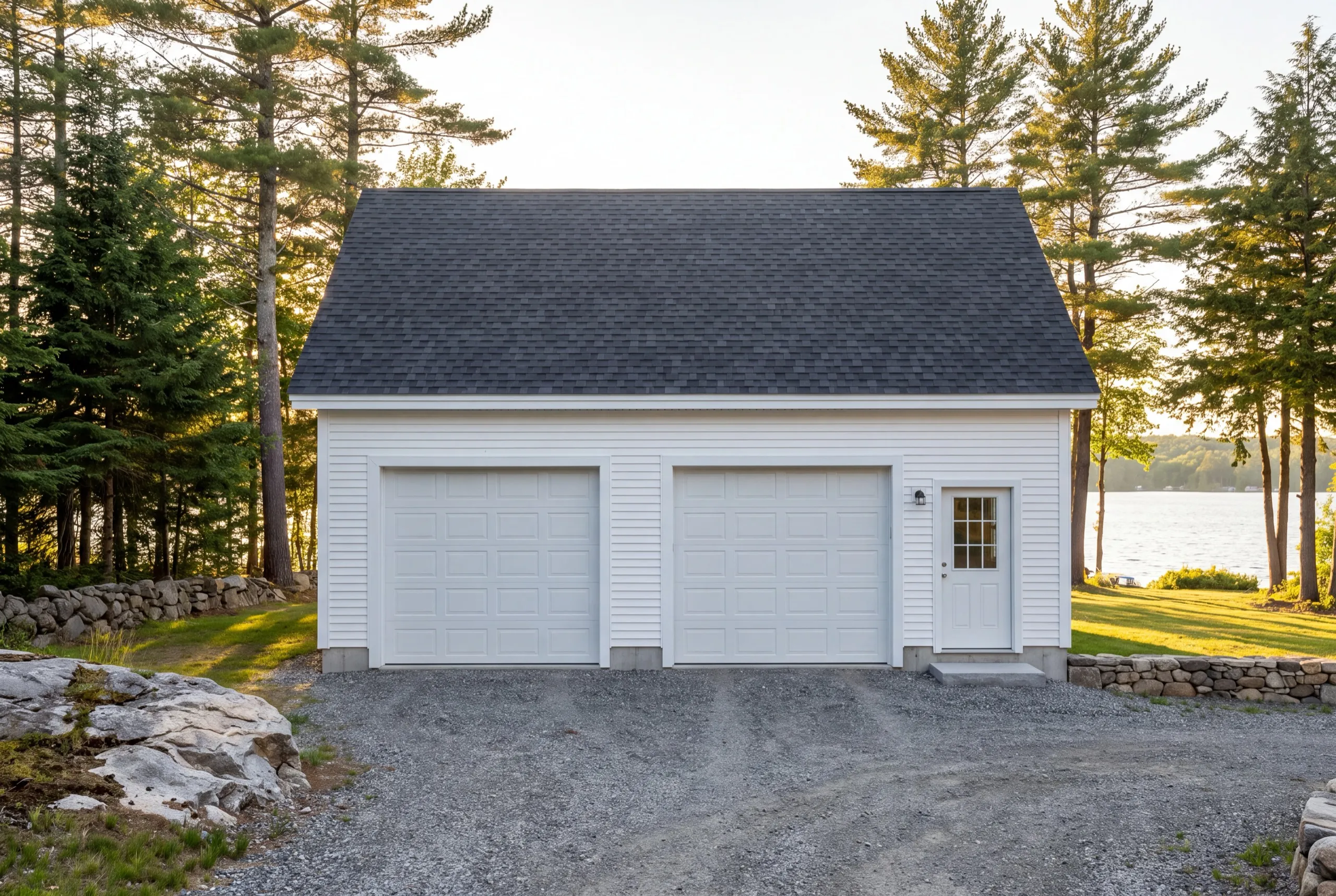 Detached garage builder Manchester Maine: finished white detached two-bay garage with a side entry door by a lake