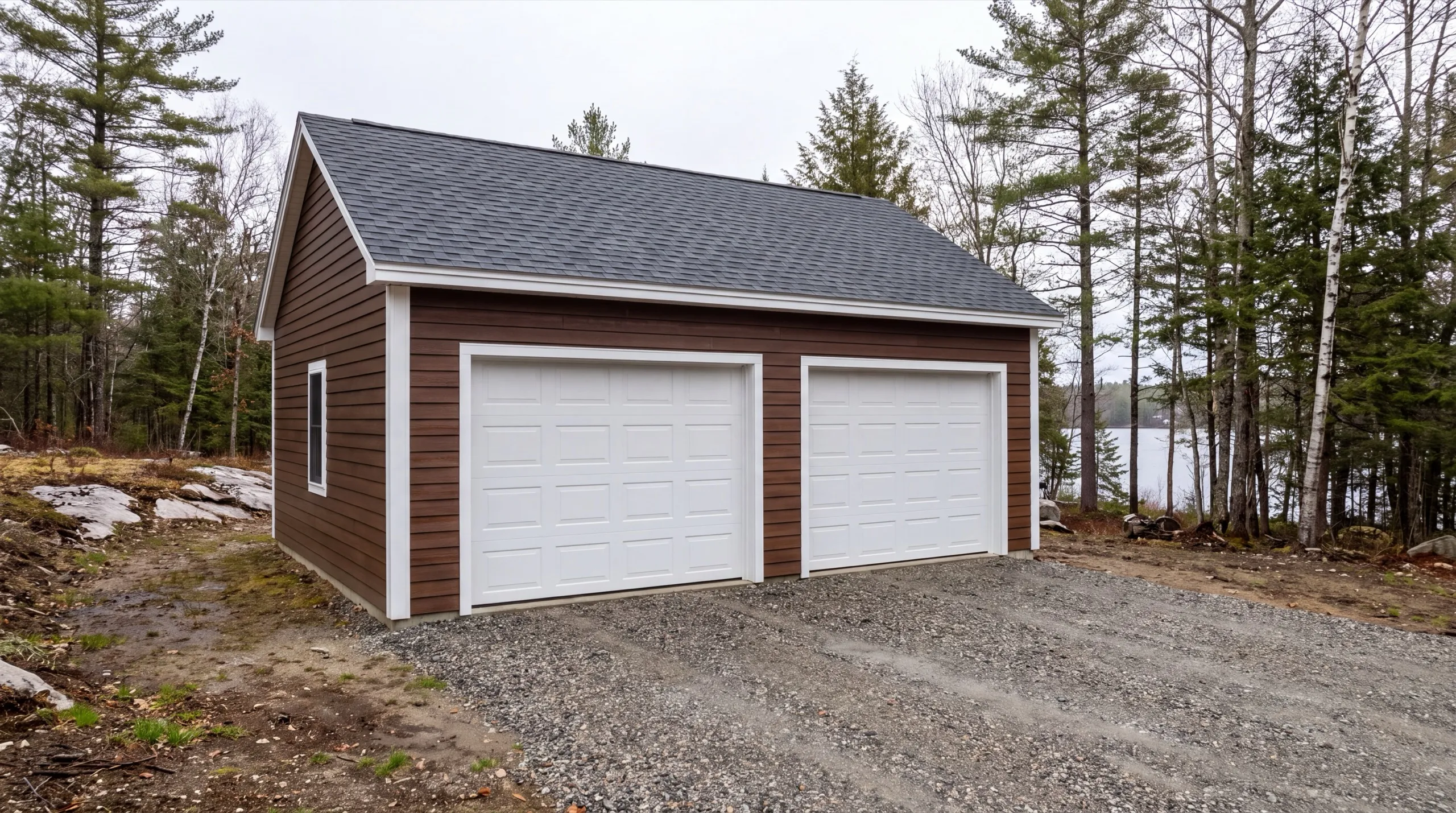 Garage builders in Manchester, ME: finished brown detached two-bay garage with white doors on a gravel drive
