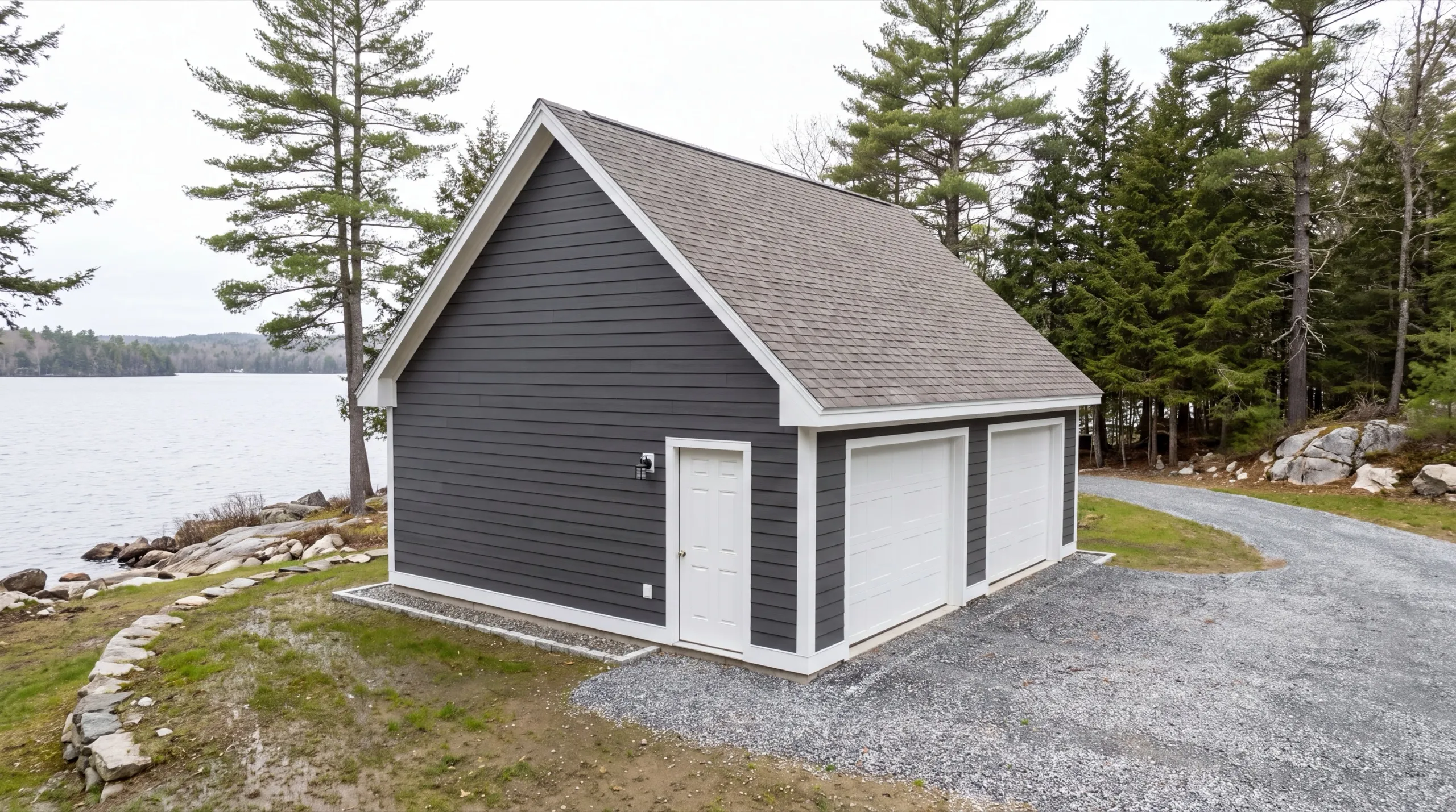 garage build near a converted camp on Lake Cobbossee in Manchester