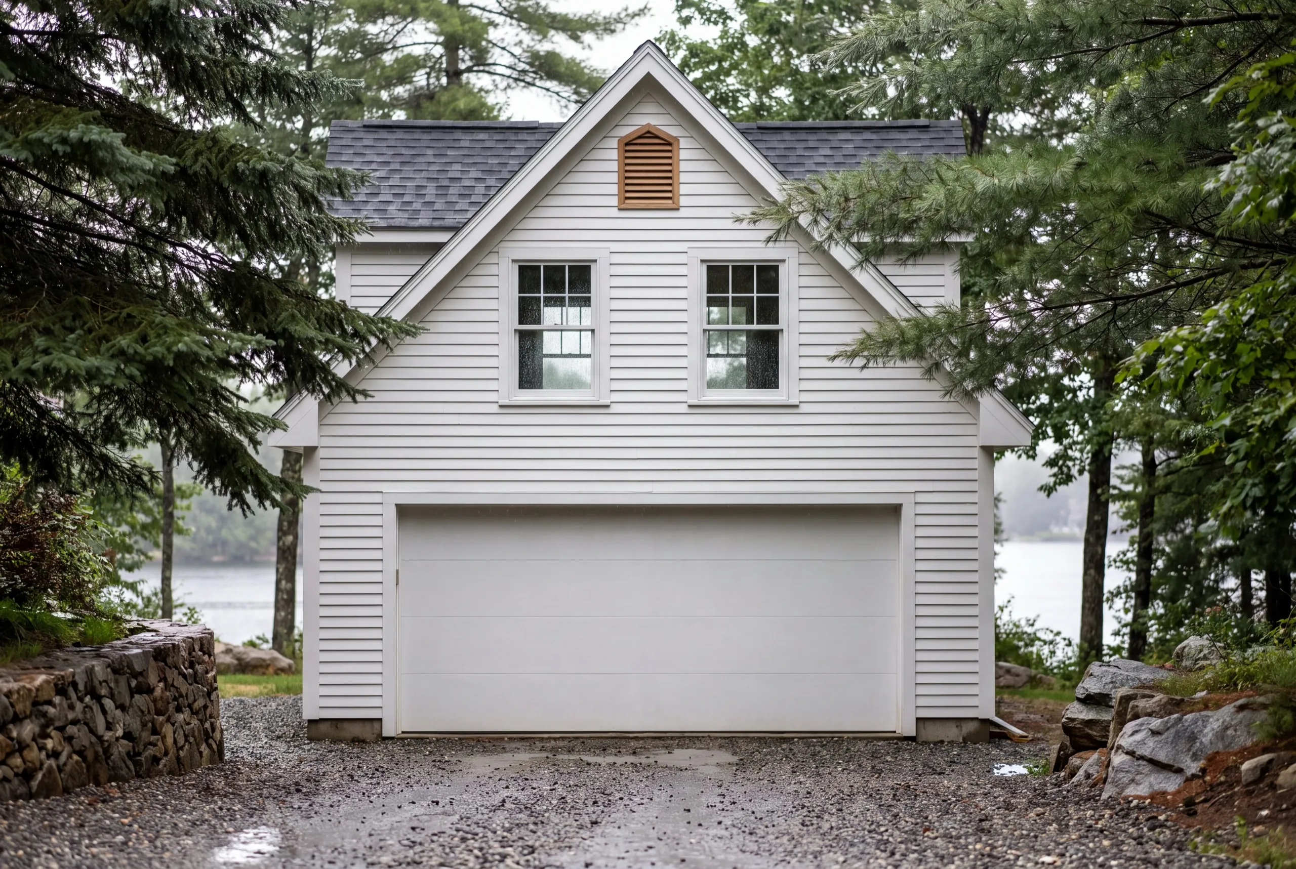 Garage builders Manchester Maine: finished white garage with one wide door and two loft windows above