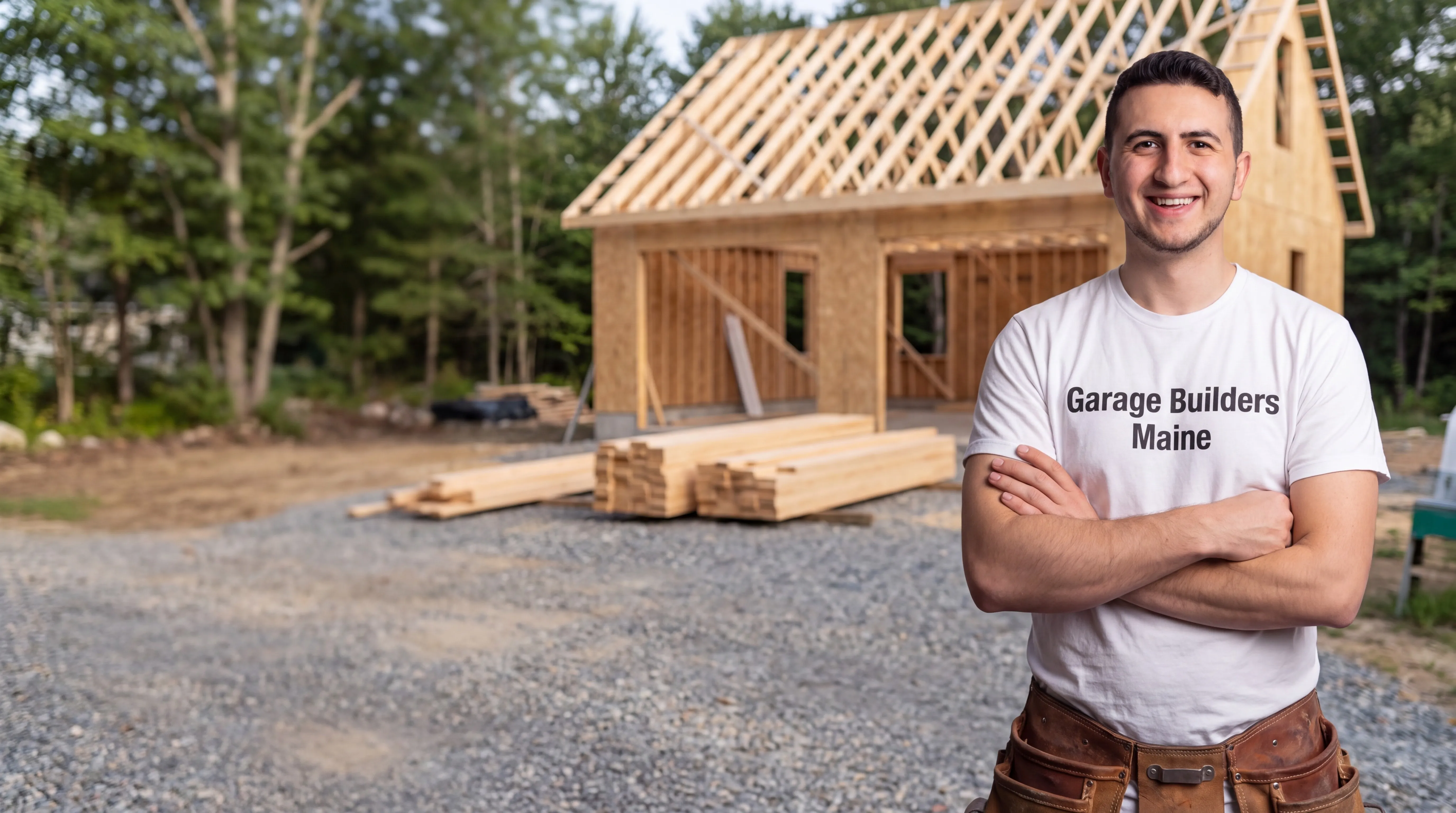 Owner of Garage Builders Maine standing with his arms crossed and smiling at a Maine job site