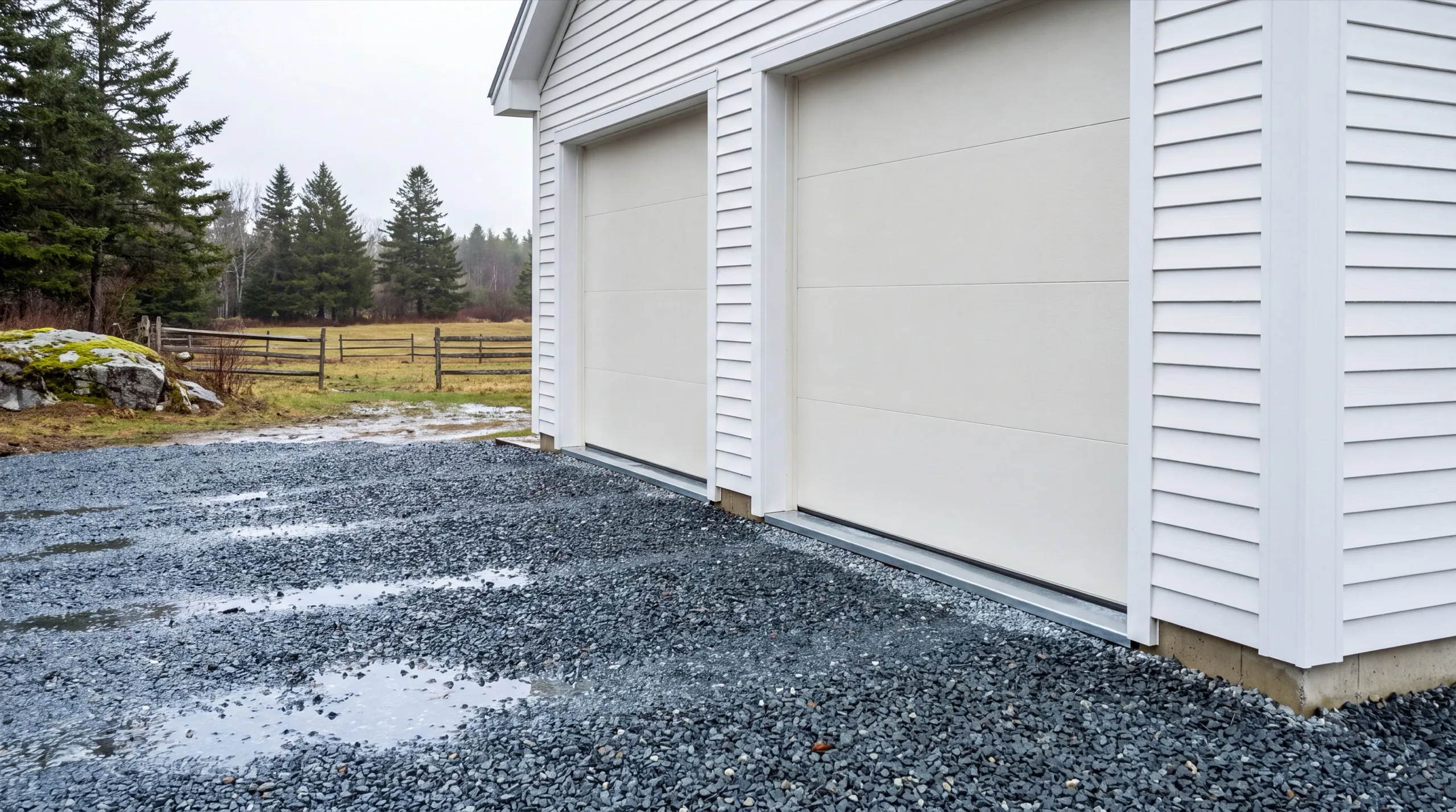 Garage builders Monmouth Maine: white two-bay garage with cream doors and a wet gravel apron