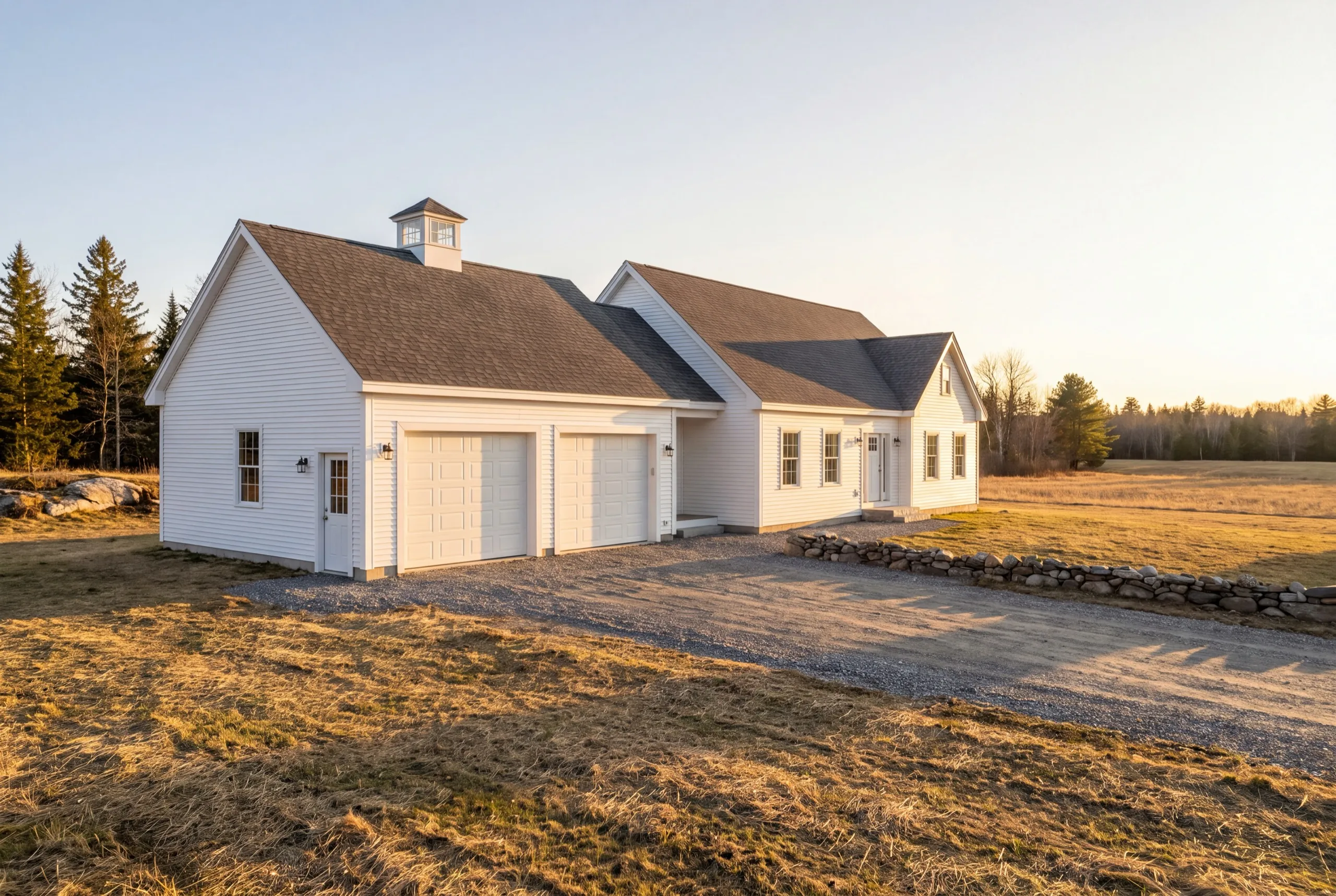 Garage builder Monmouth Maine: white cape with an attached two-bay garage topped by a cupola