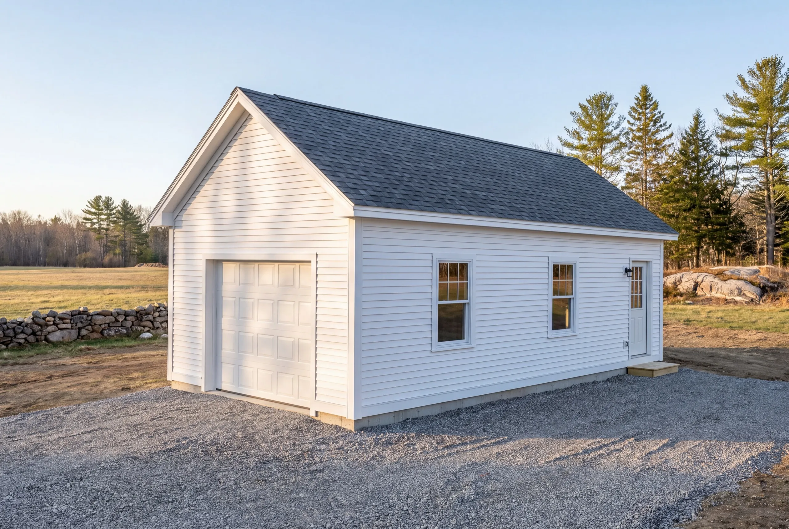 Detached garage builder Monmouth Maine: finished white detached one-bay garage with windows and a side entry door