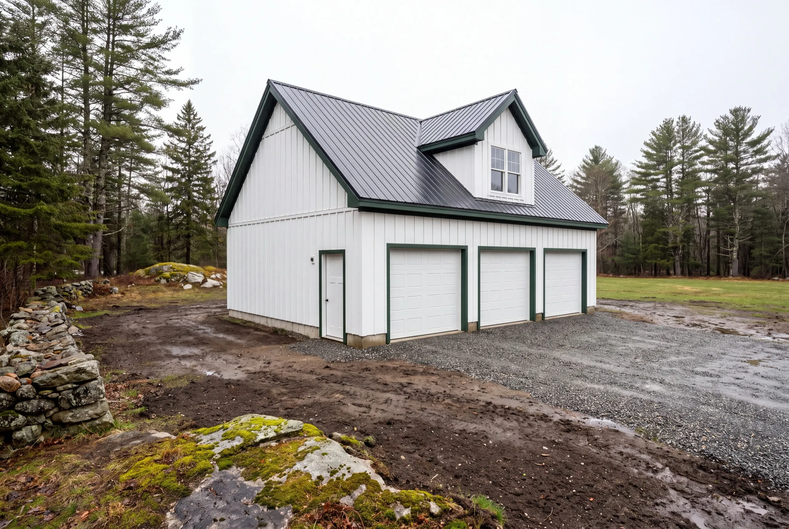 Garage builders Monmouth Maine: white board and batten three-bay garage with a loft dormer and metal roof