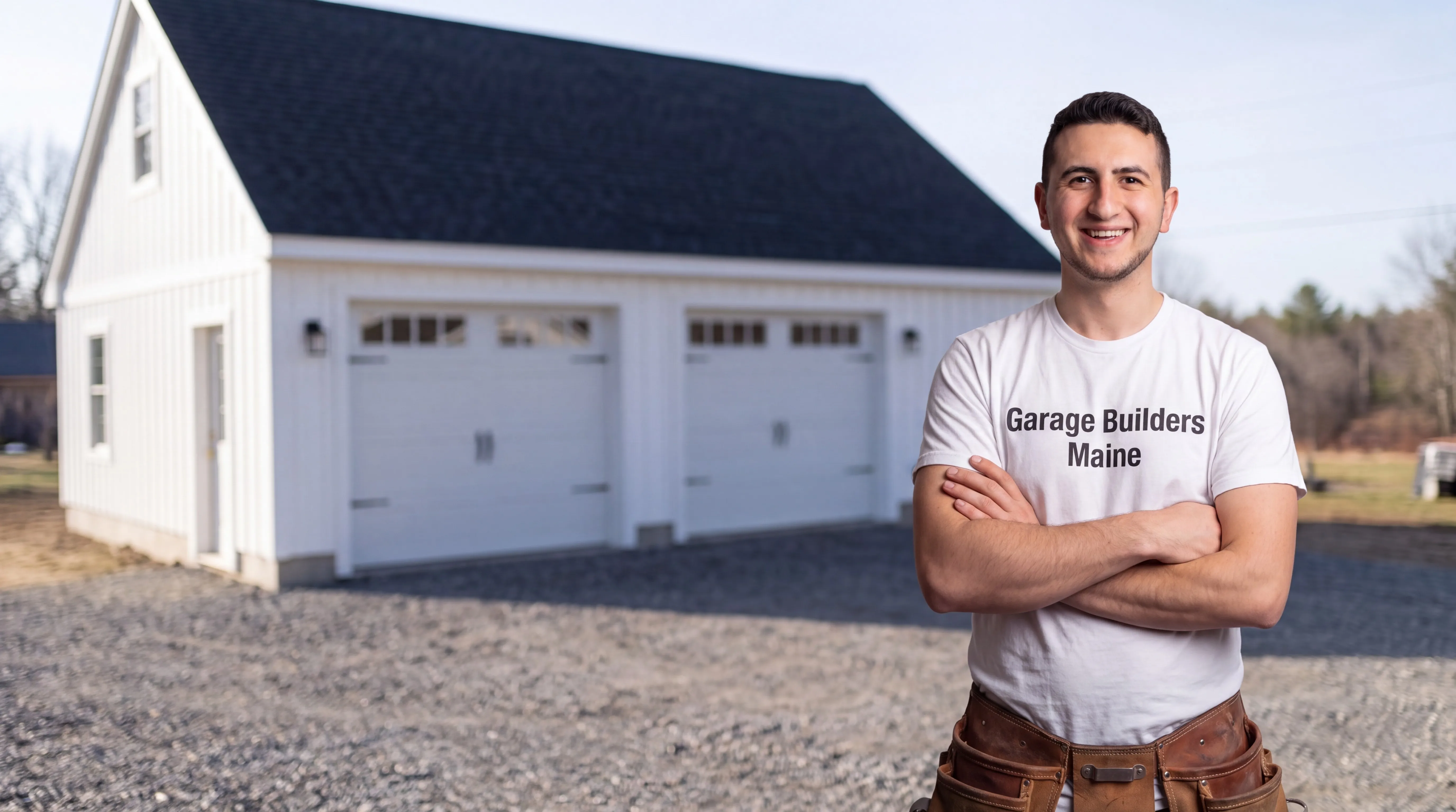 Garage builders Monmouth Maine: owner with arms crossed in front of a white two-bay garage with carriage doors