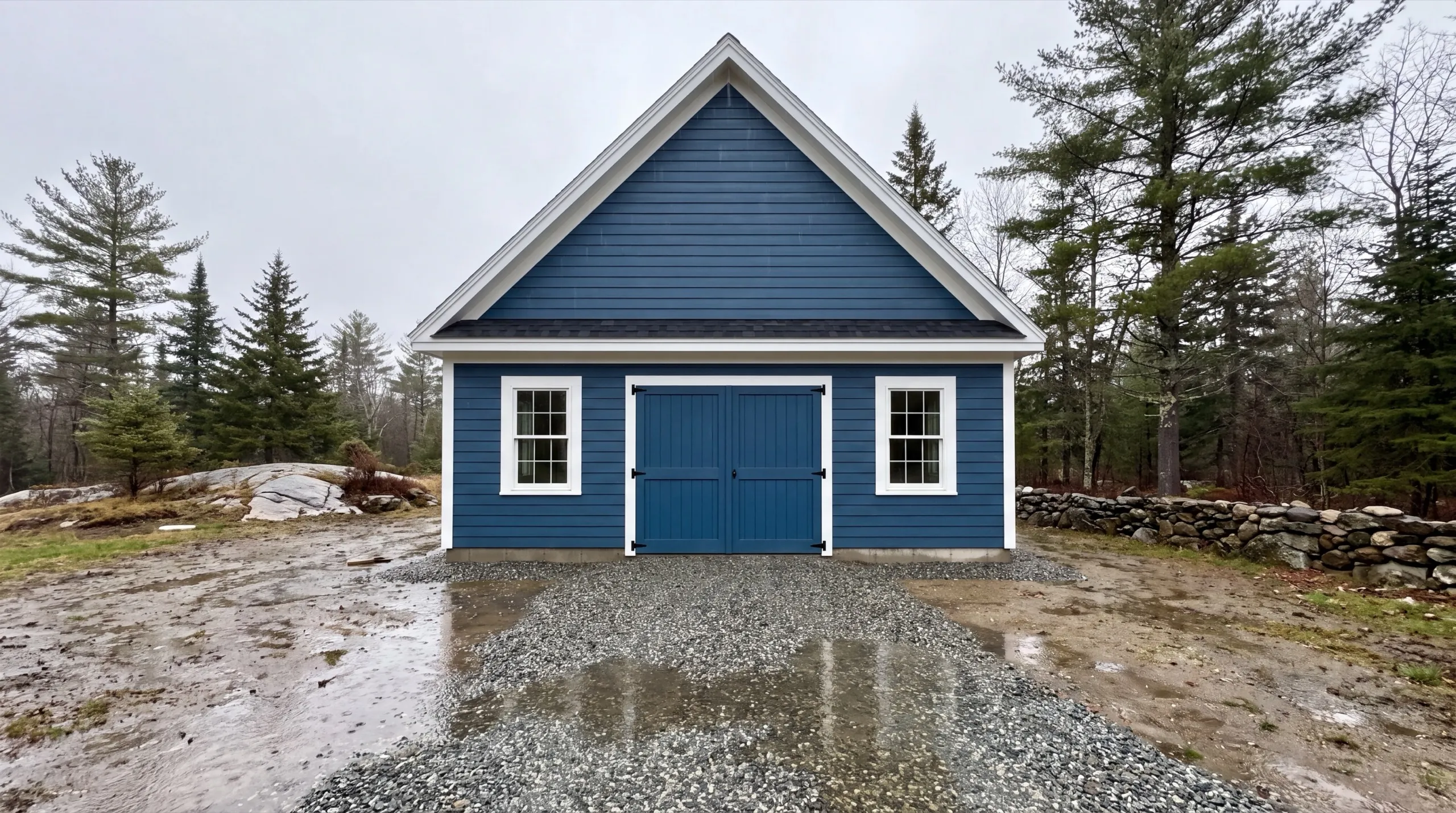 Garage builders Central Maine: detached blue one-bay garage with a blue carriage door on a gravel drive