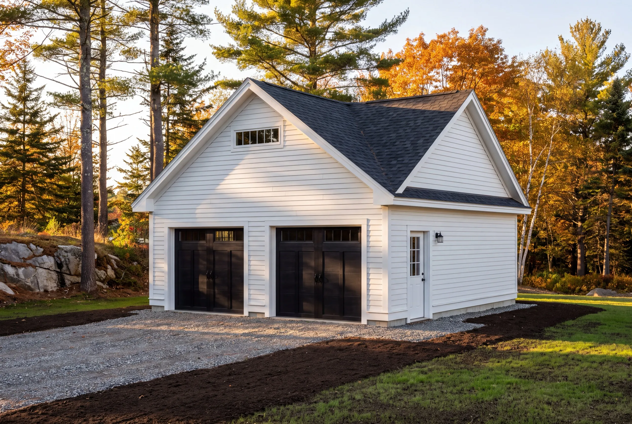 Custom garage builder Pittston Maine: finished white detached two-bay garage with black doors and a side entry door