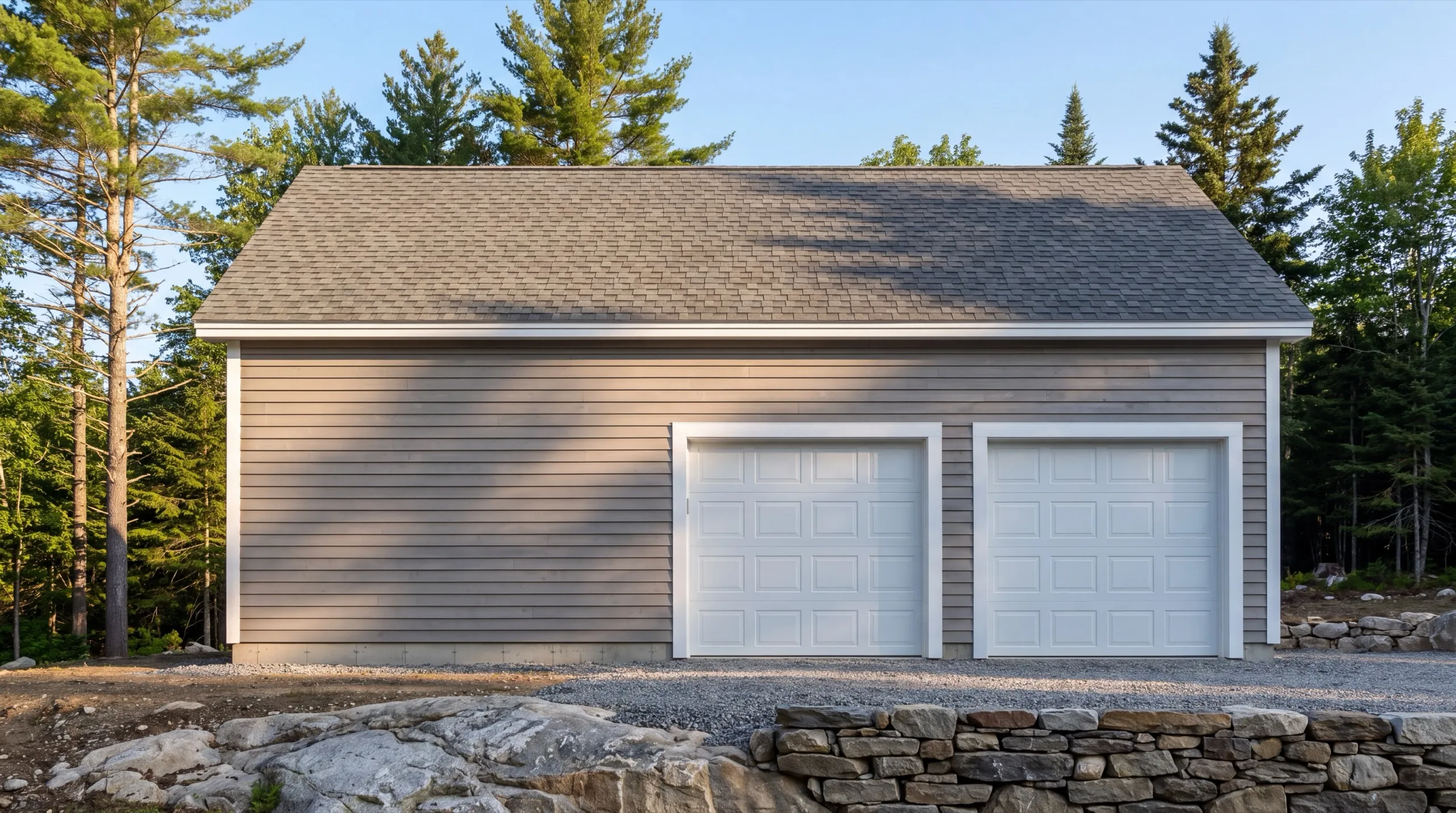 Garage builders in Pittston, ME: finished taupe detached two-bay garage with white doors on a gravel pad
