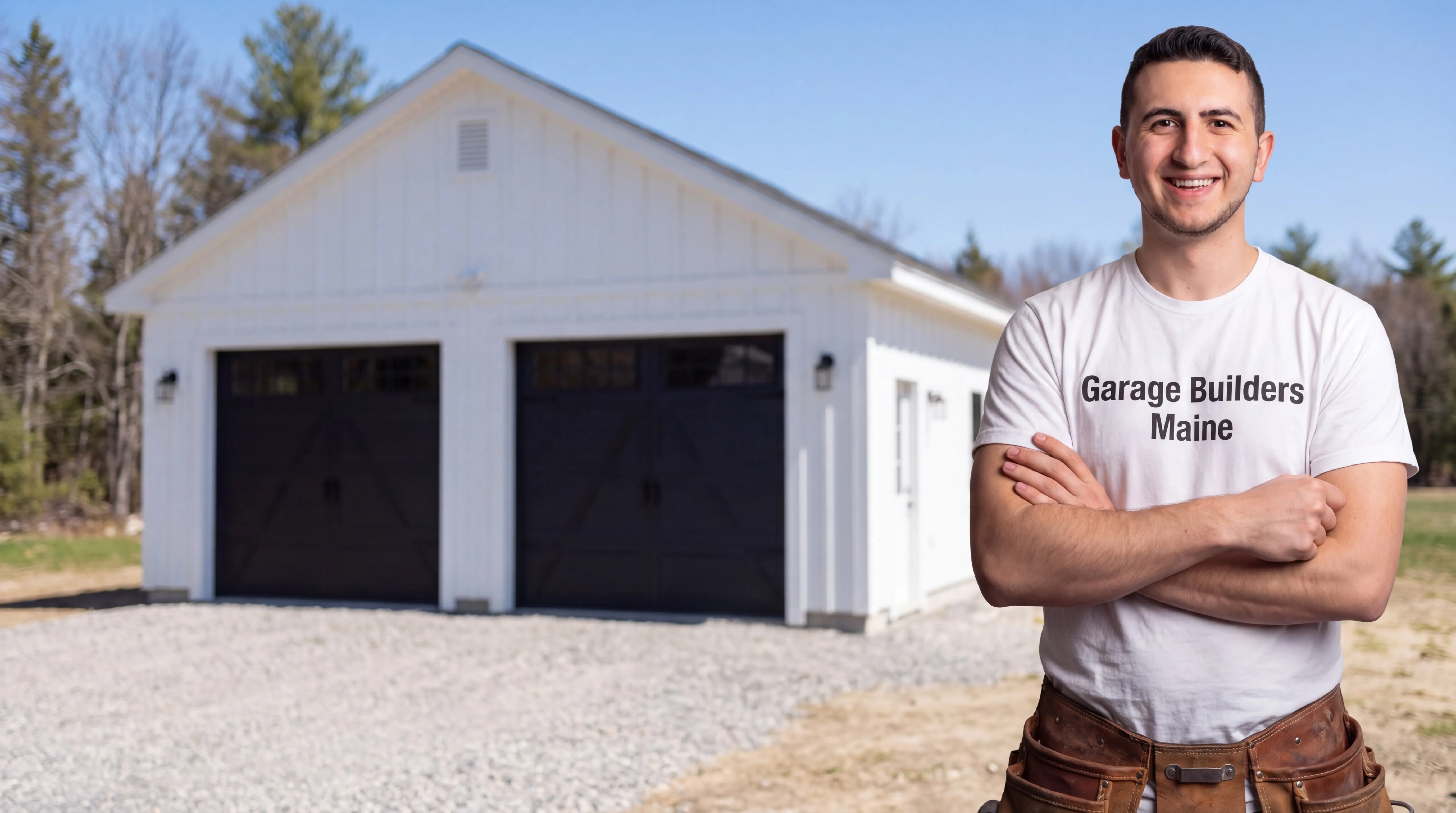 Owner of Garage Builders Maine standing with his arms crossed and smiling at a Maine job site