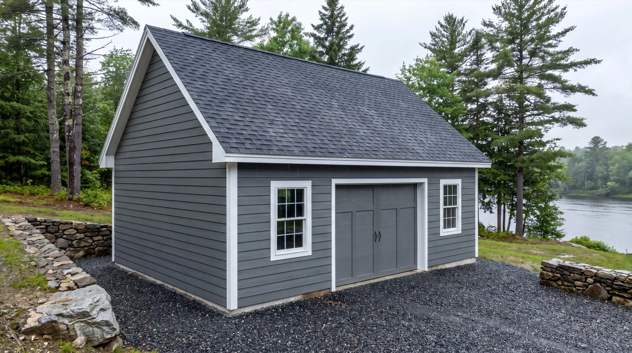 garage build with drainage planning on a Pittston riverfront lot