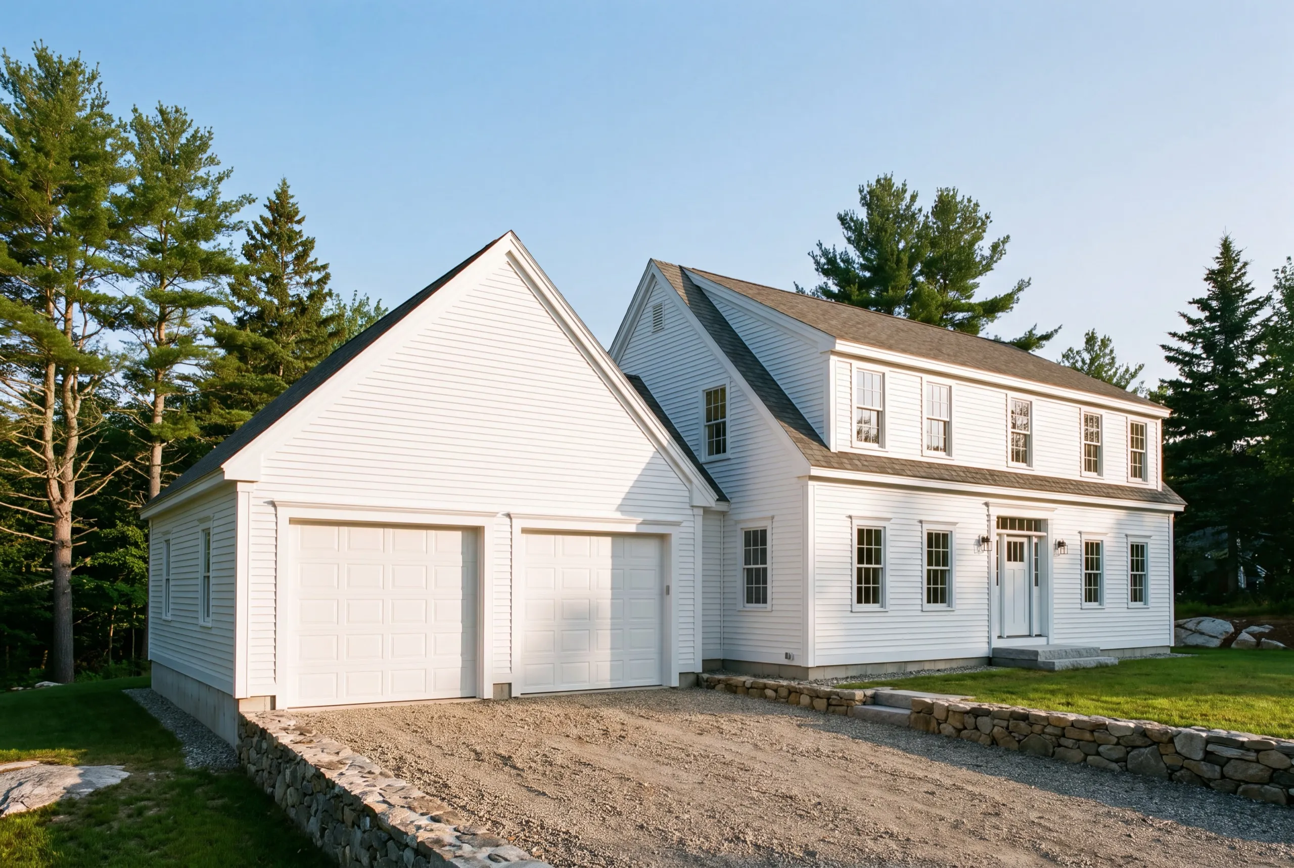 Garage builder Randolph Maine: white two-bay front-gable garage attached to a white two-story colonial