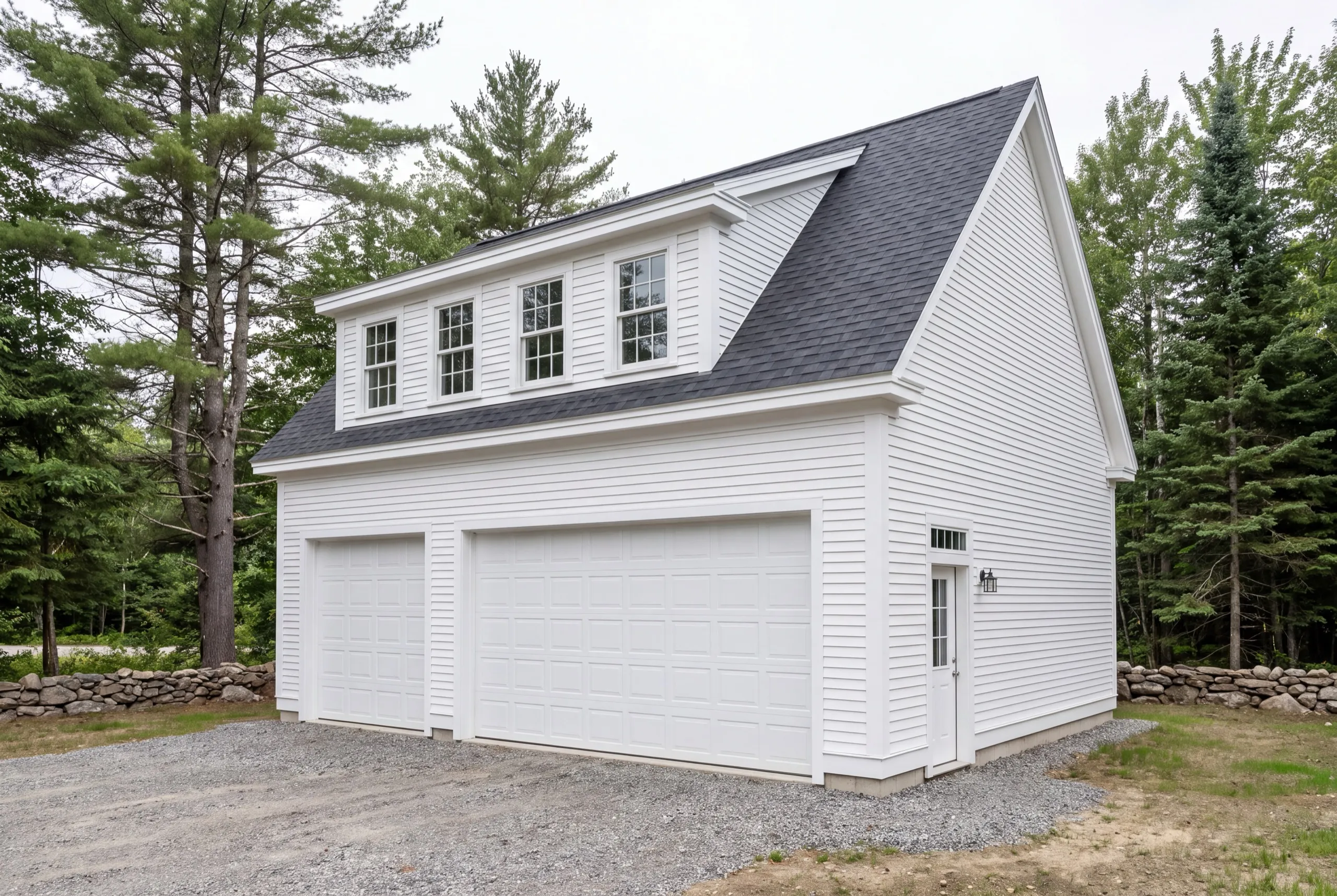 Garage builders Randolph Maine: detached white garage with a four-window shed dormer loft over two doors