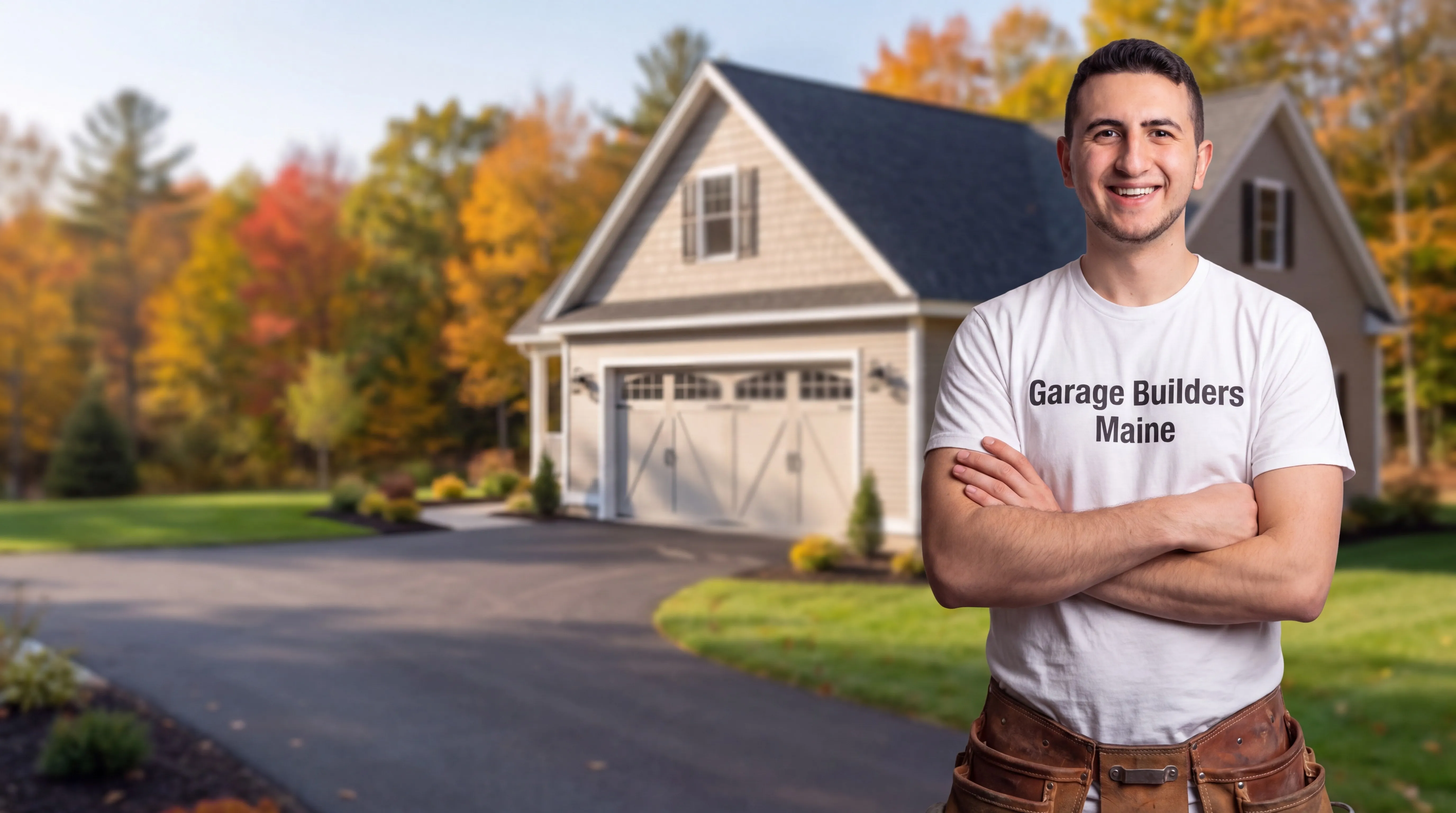 Garage builders Randolph Maine: owner with arms crossed in front of a house with an attached carriage-door garage