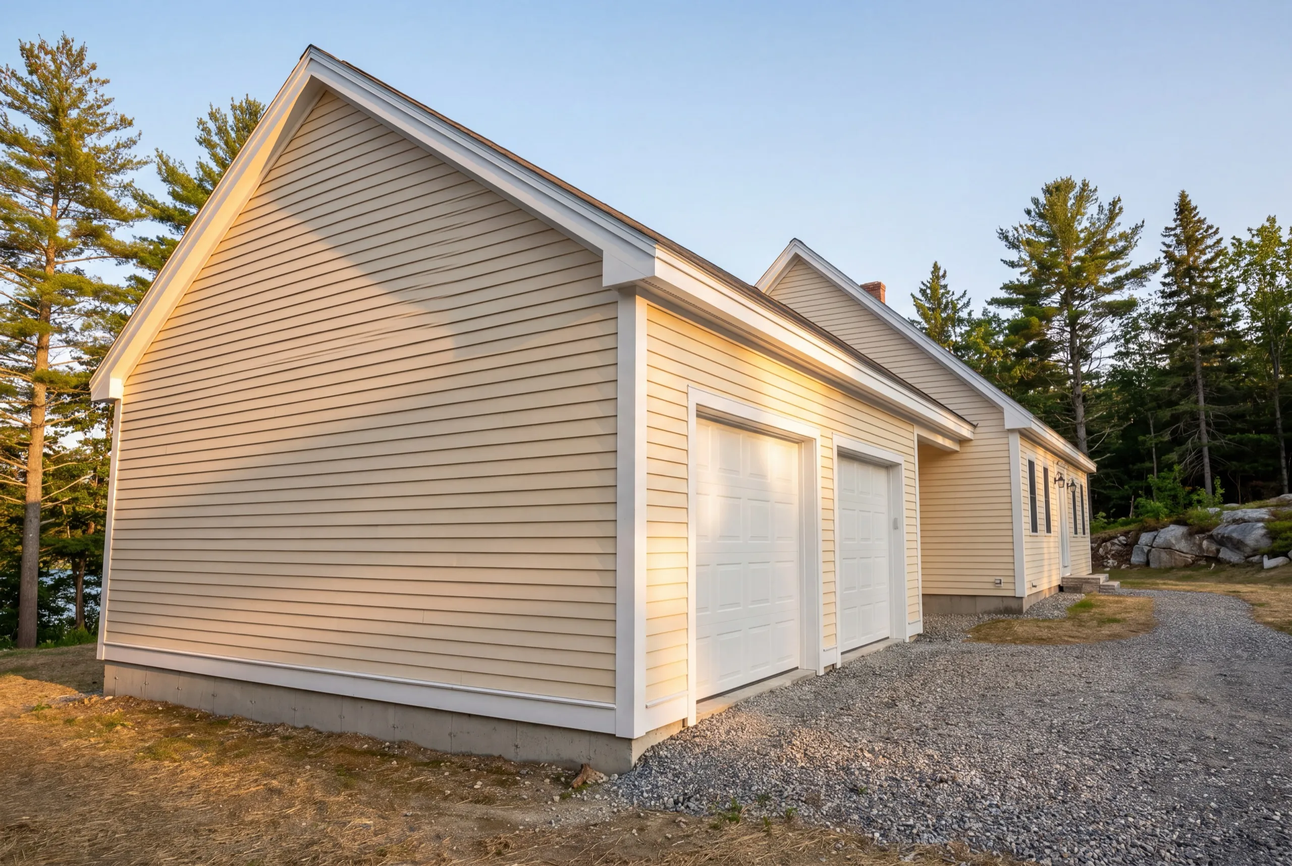 Garage builder Richmond Maine: cream clapboard two-bay garage attached to a one-story house on a gravel drive