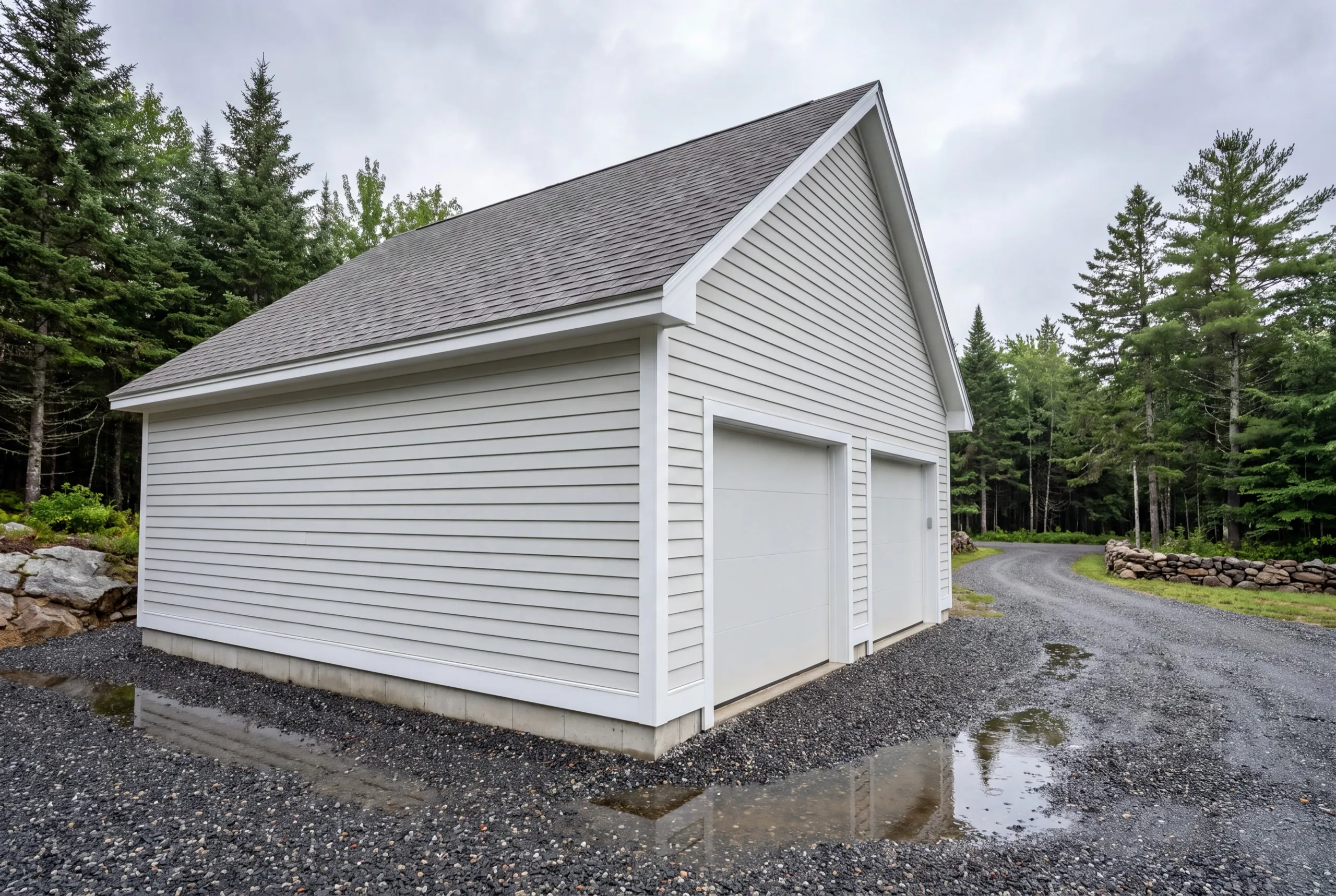 Custom garage builder Richmond Maine: detached white two-bay garage with a gravel drive and no concrete apron