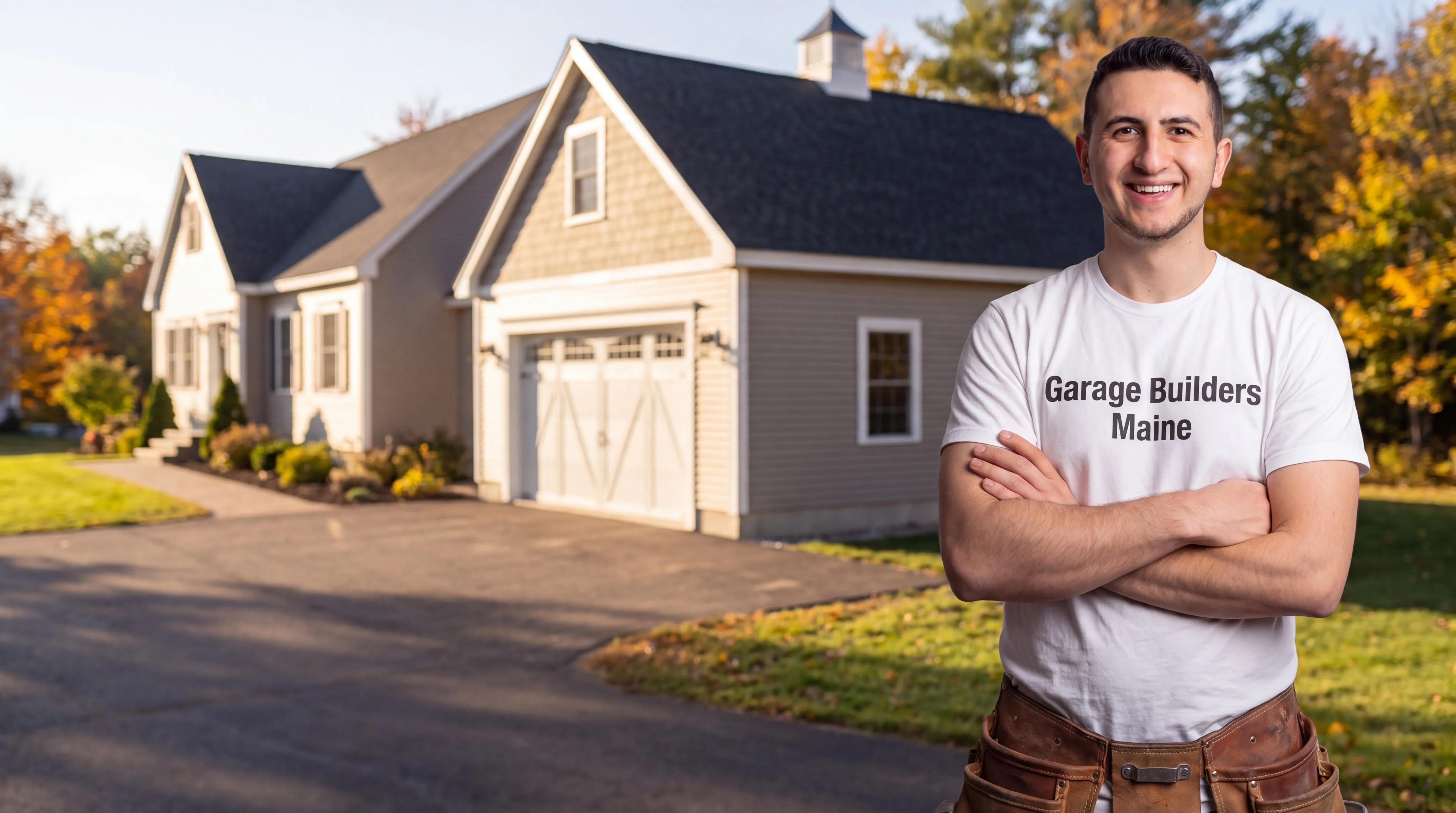 Garage builders Richmond Maine: owner with arms crossed in front of a gray house with an attached garage
