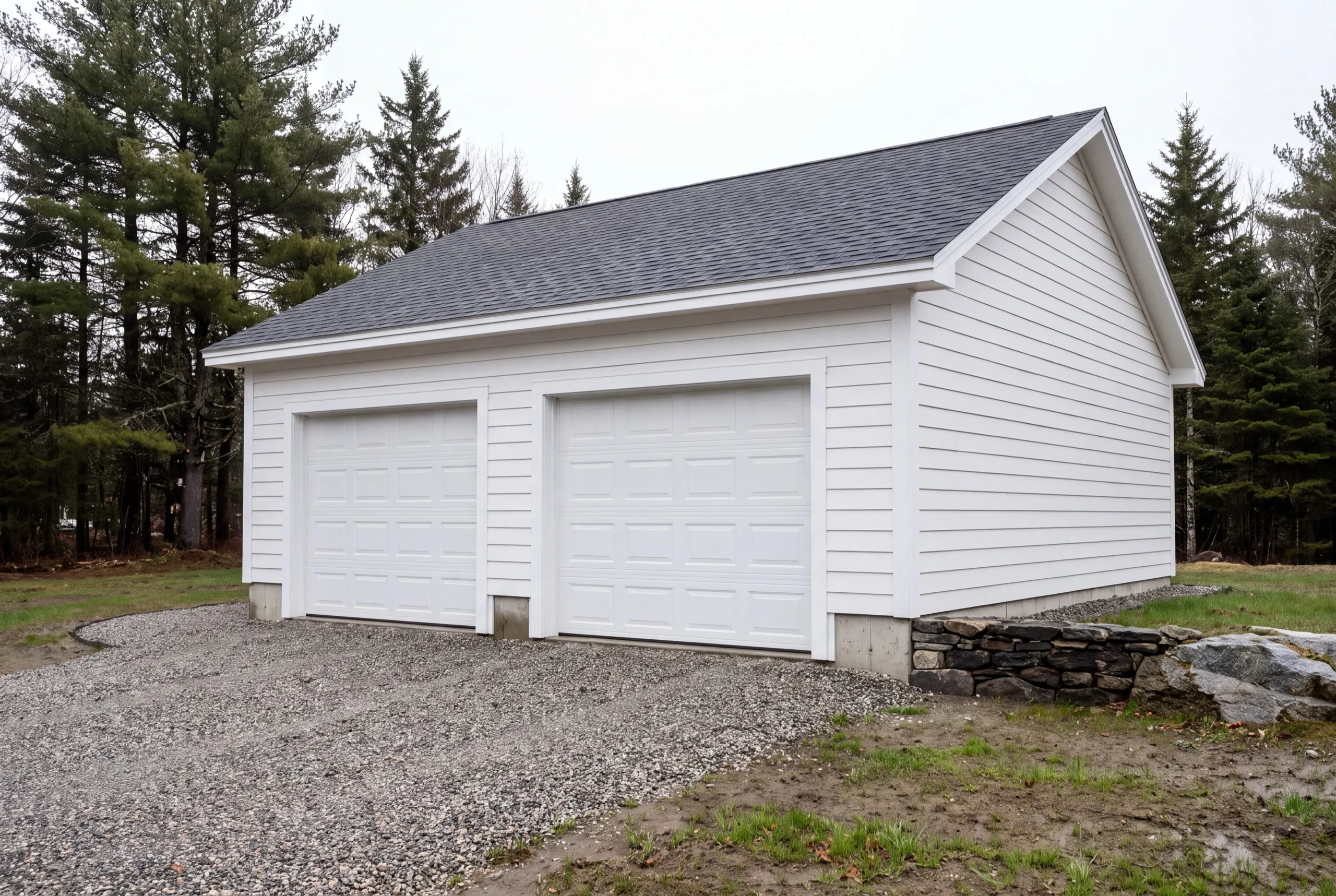 Detached garage builder Richmond Maine: finished white detached two-bay garage on a gravel drive by a stone wall