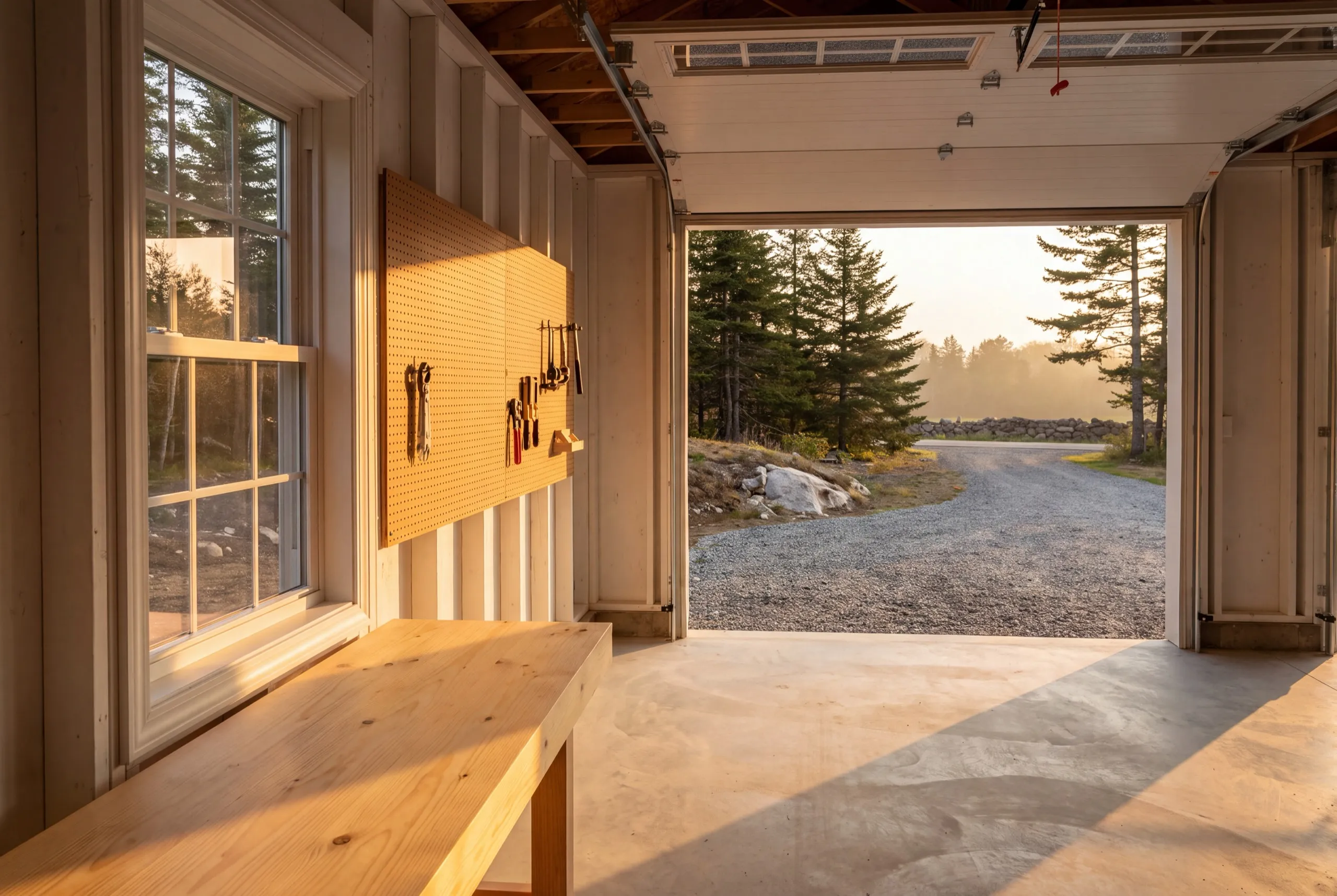 Garage builder Richmond Maine: garage workshop bay with a wood bench, pegboard tools and an open overhead door
