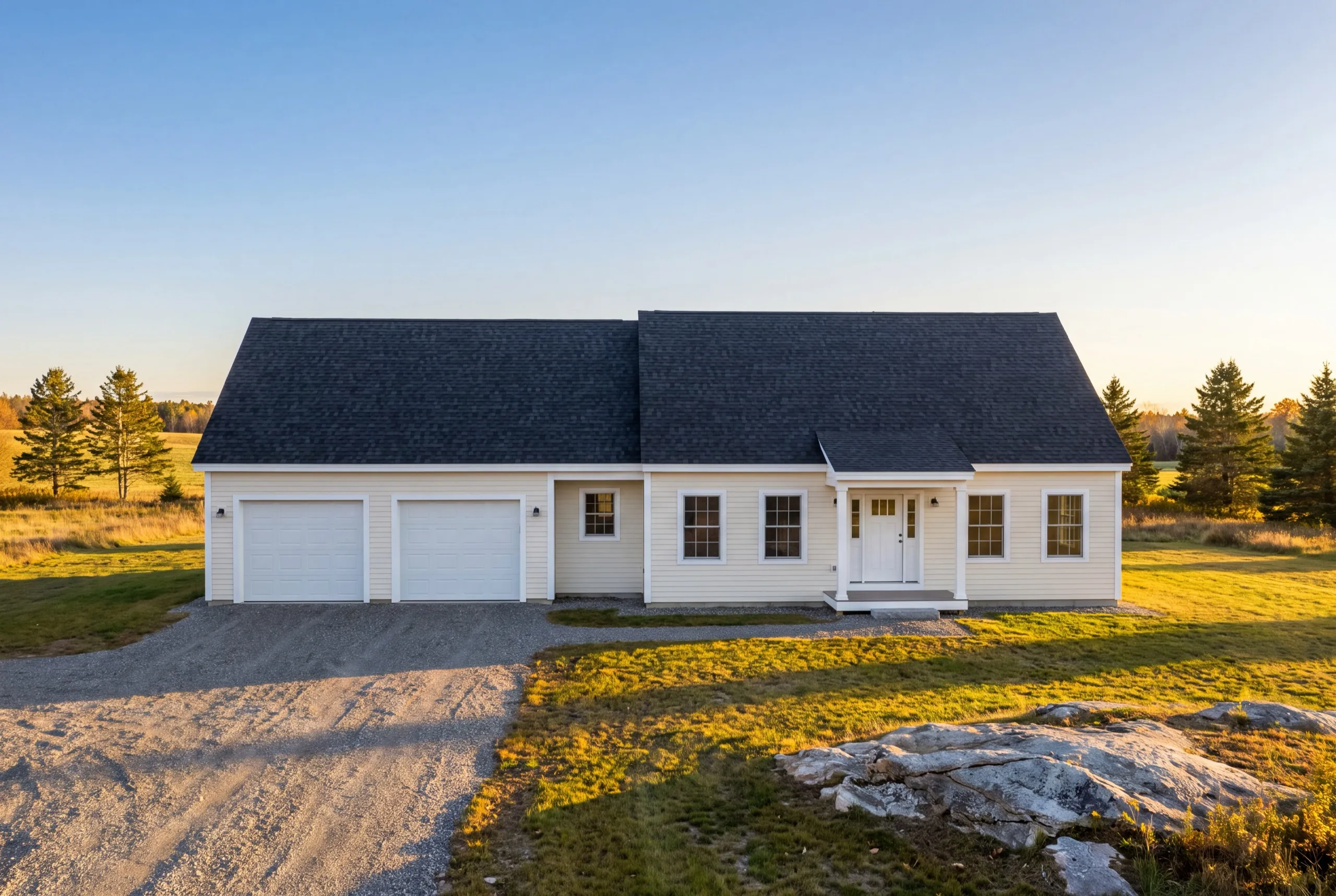 Garage builder Sidney Maine: single-story white house with a two-bay garage under one continuous roof