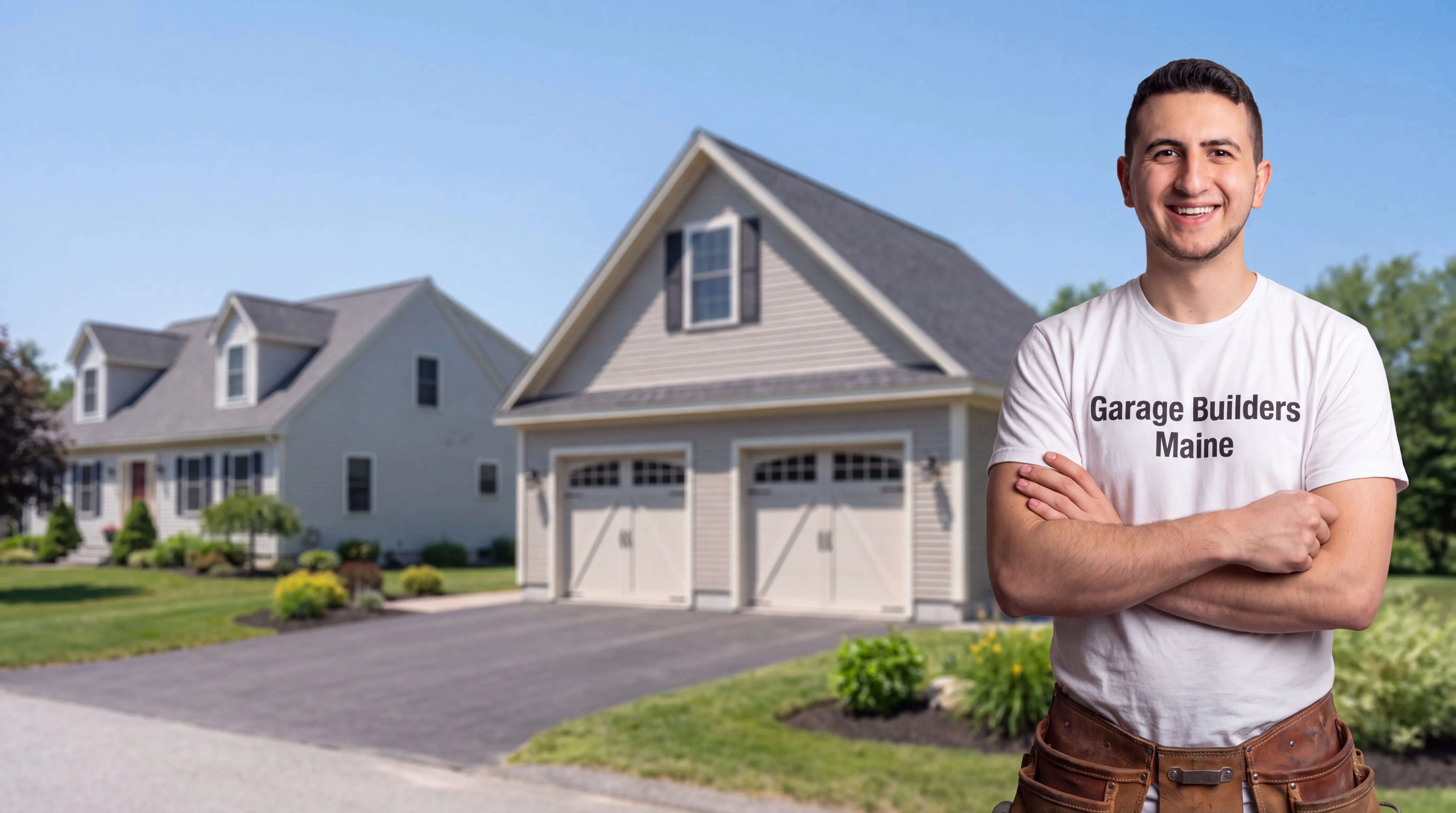 Owner of Garage Builders Maine standing with his arms crossed and smiling at a Maine job site