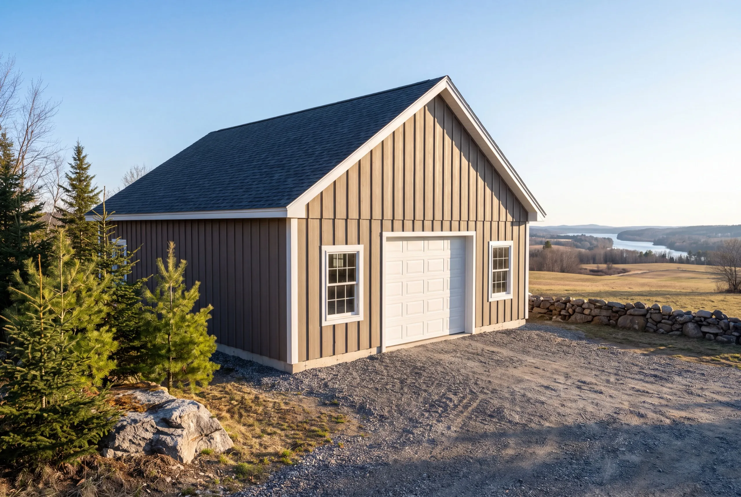 Custom garage builder Sidney Maine: detached one-bay garage with tan board-and-batten siding and a lake view