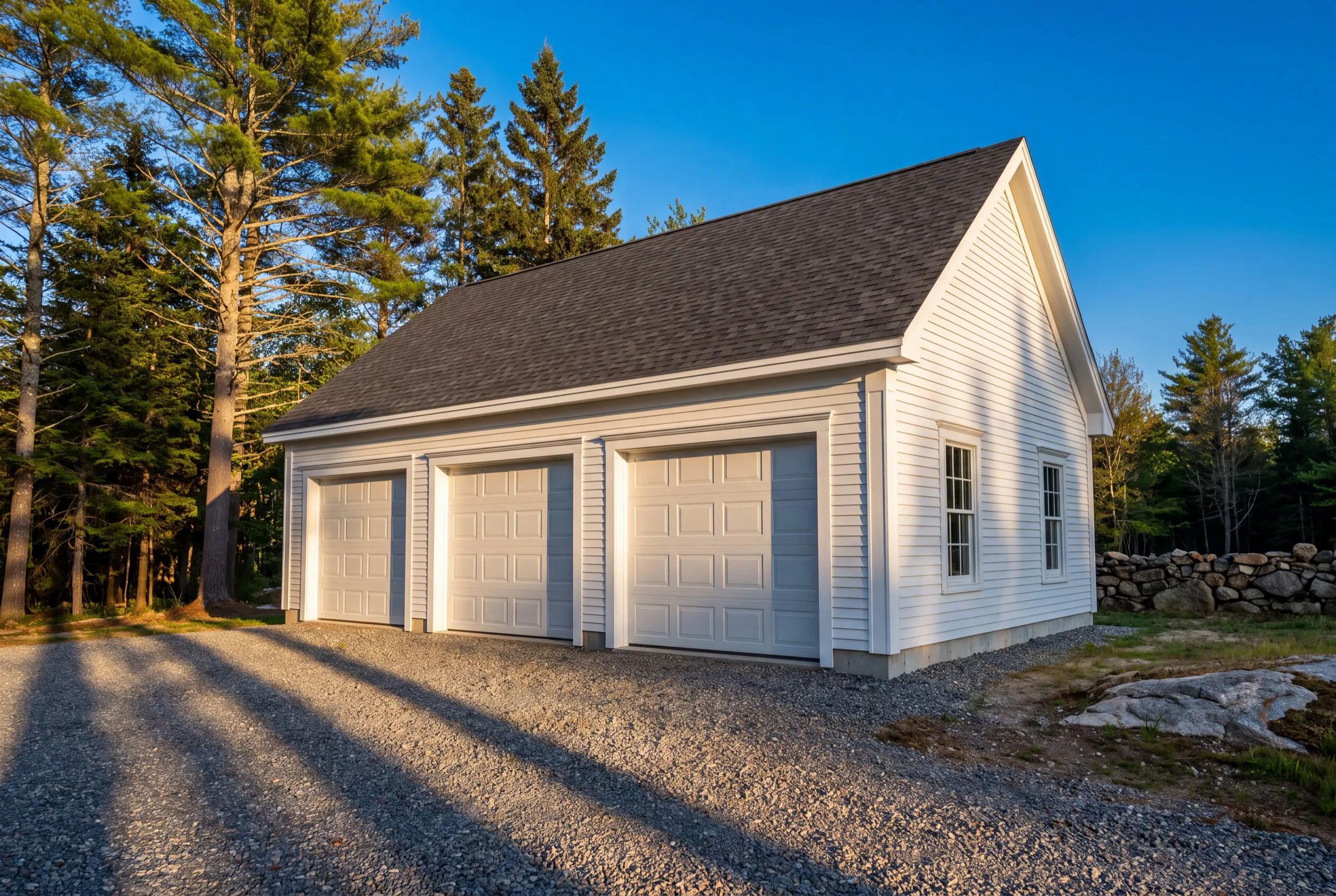 Detached garage builder Central Maine: detached white three-bay garage with white doors on a gravel drive