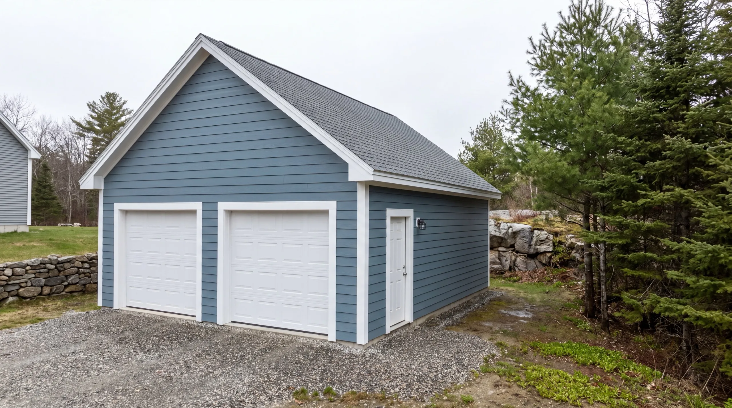 Custom garage builder Central Maine: detached blue-gray two-bay garage with white doors and a side entry door