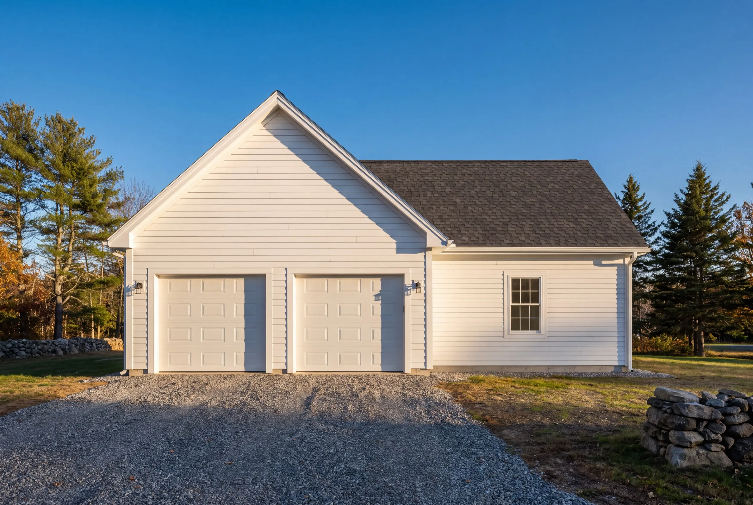 Garage builders Vassalboro Maine: white two-bay garage with a one-story side wing on a gravel drive
