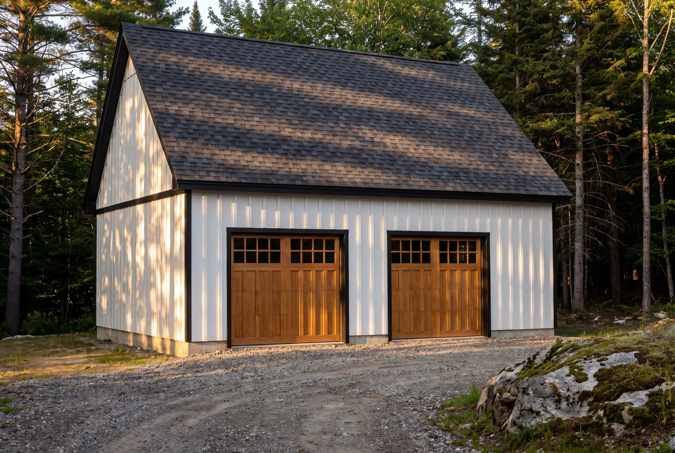 Custom garage builder Vassalboro Maine: detached white board-and-batten garage with two wood-tone doors and black trim