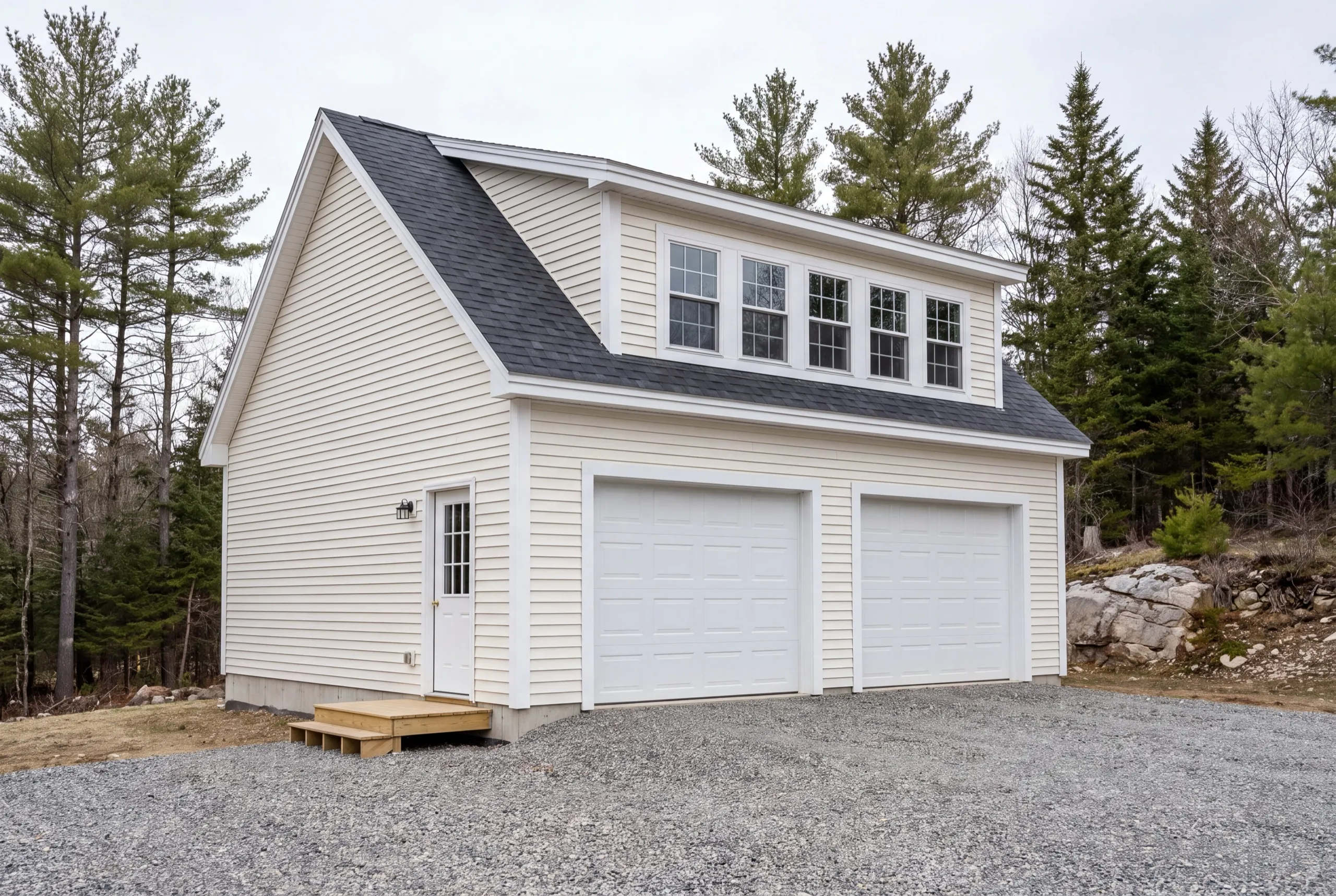 Garage builders Vassalboro Maine: detached cream garage with a five-window shed dormer loft over two doors