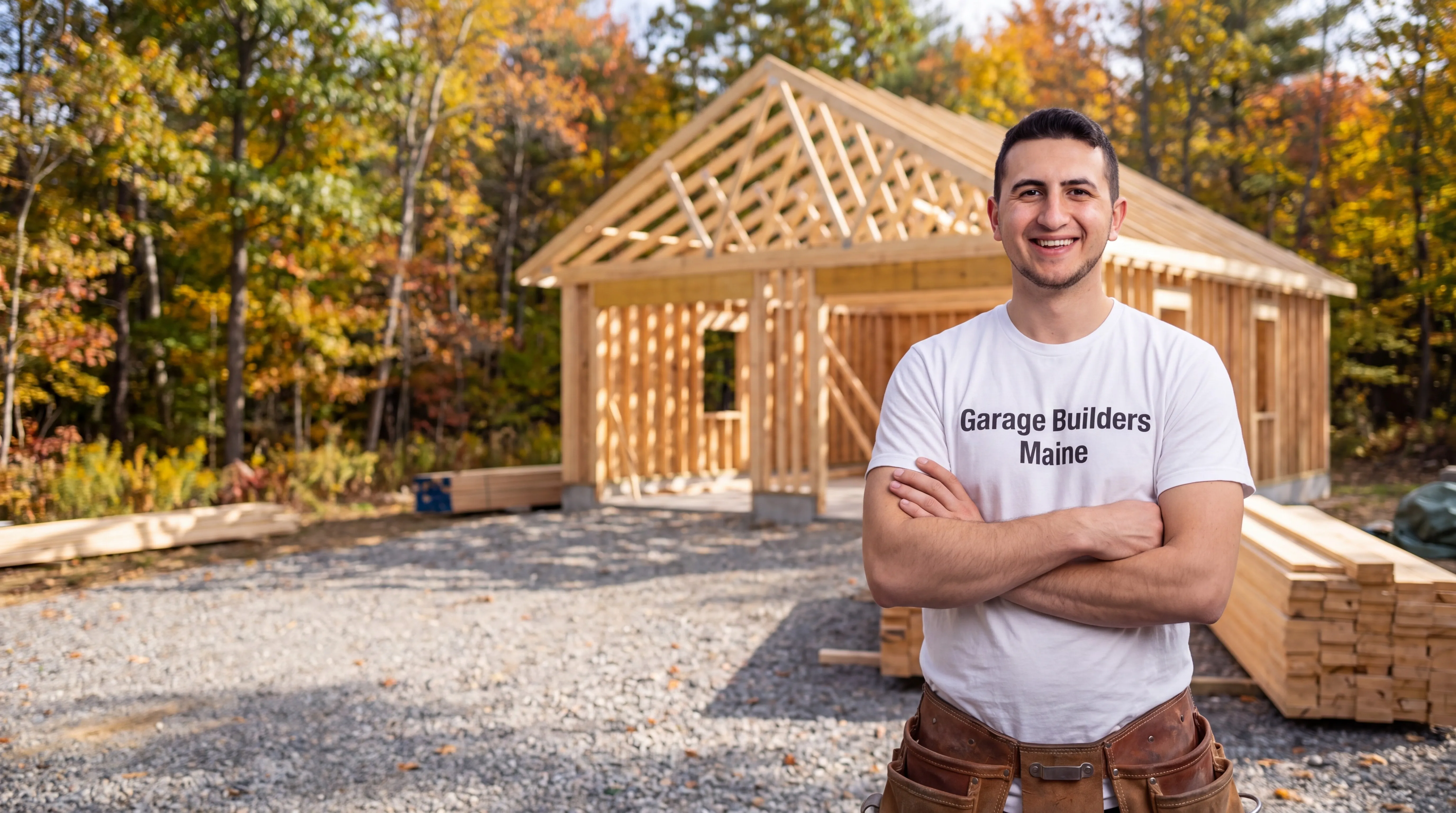 Owner of Garage Builders Maine standing with his arms crossed and smiling at a Maine job site
