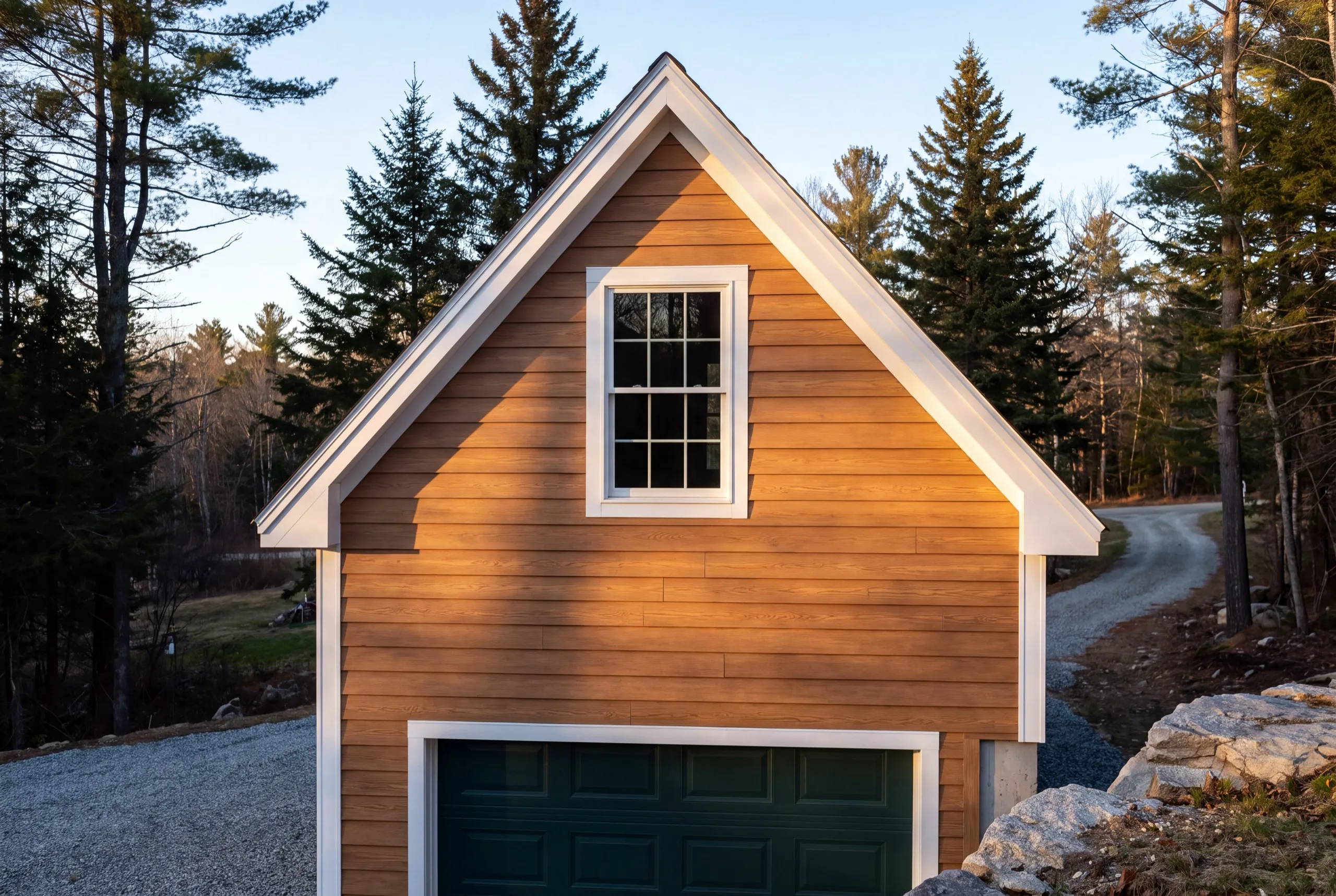 Garage builder Vassalboro Maine: garage gable with wood-tone lap siding, a loft window and a green door