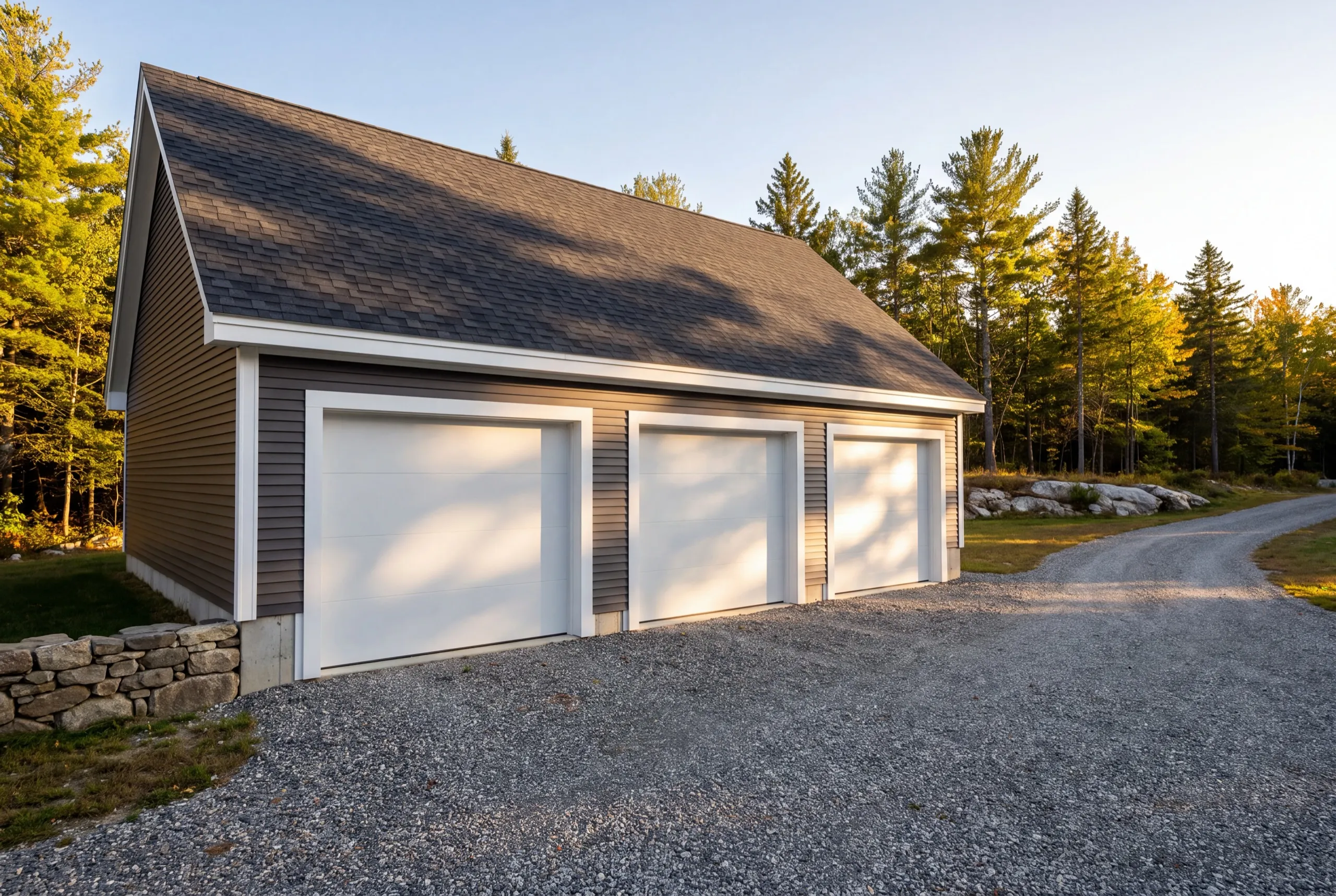 Custom garage builder Vassalboro Maine: finished gray three-bay garage with white doors on a curving gravel drive