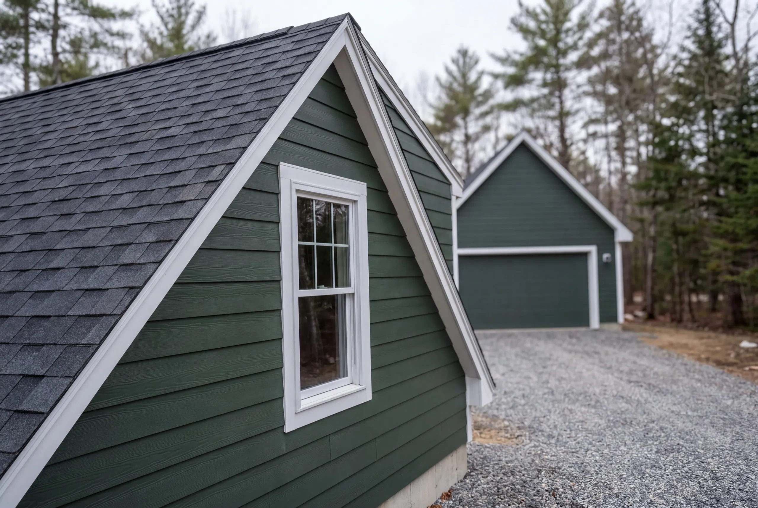 Detached garage builder West Gardiner Maine: close view of a green garage gable with a tall window, second garage beyond