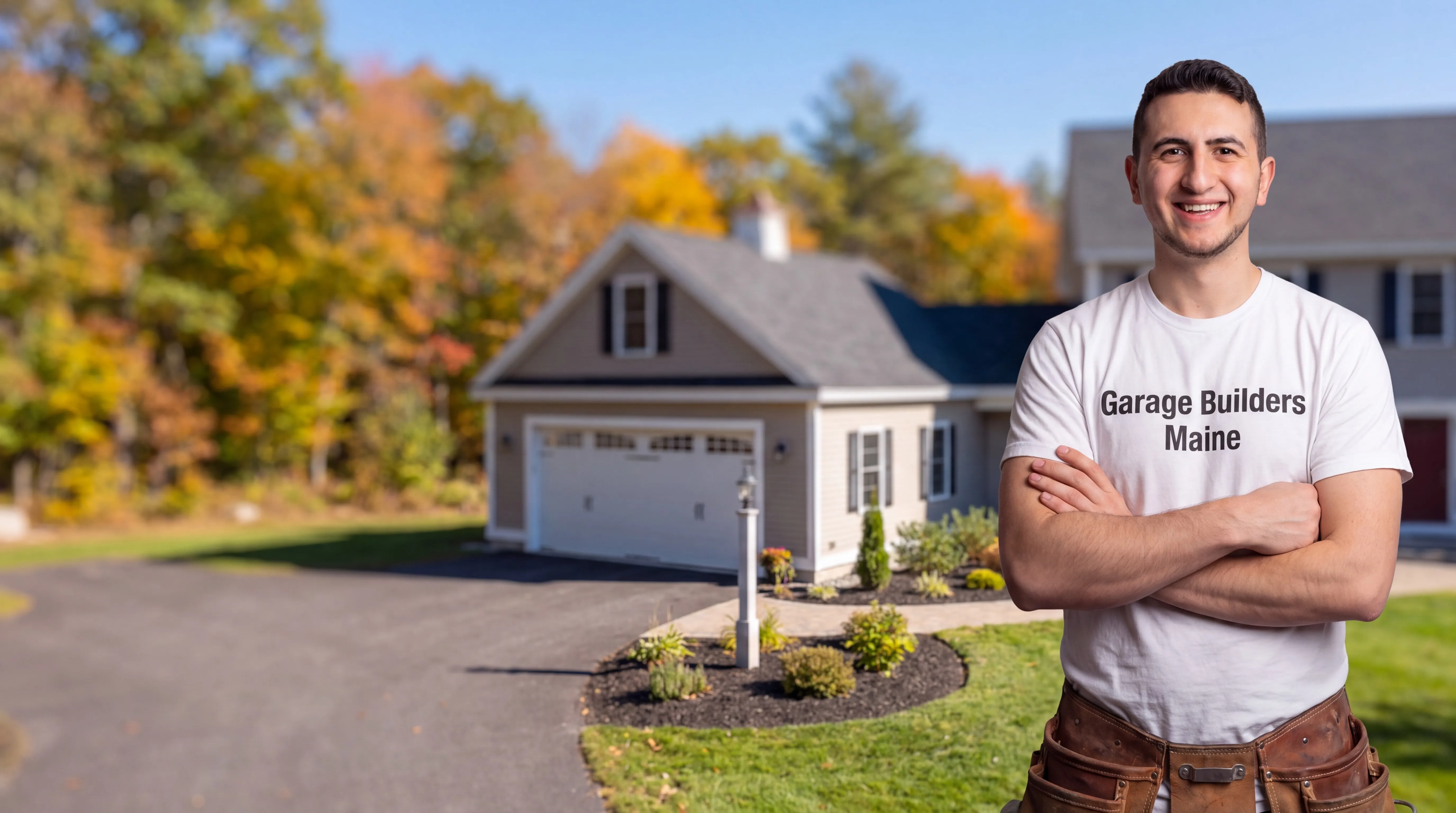 Owner of Garage Builders Maine standing with his arms crossed and smiling at a Maine job site