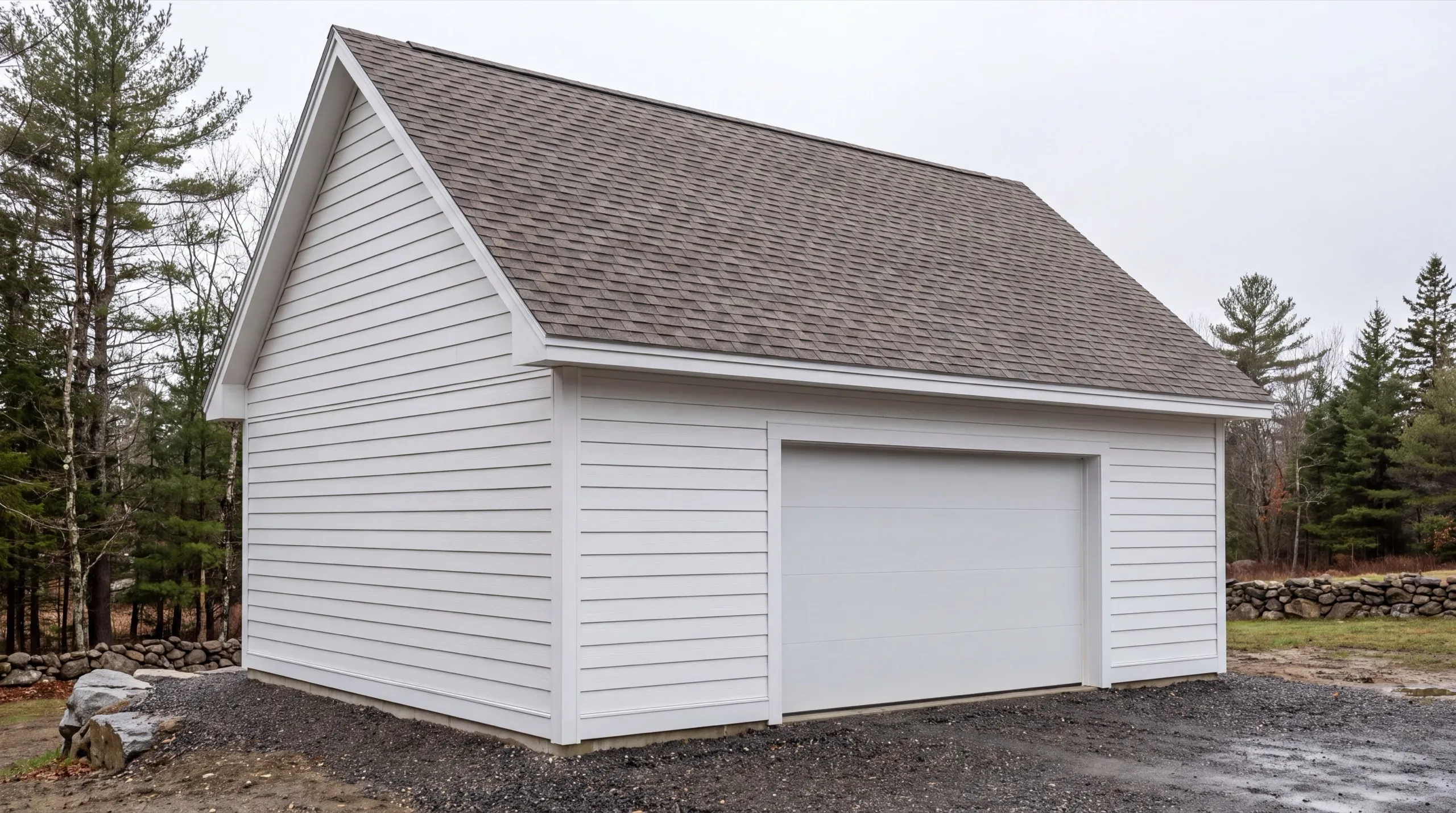 Custom garage builder West Gardiner Maine: detached white one-bay garage with lap siding and a wide plain door