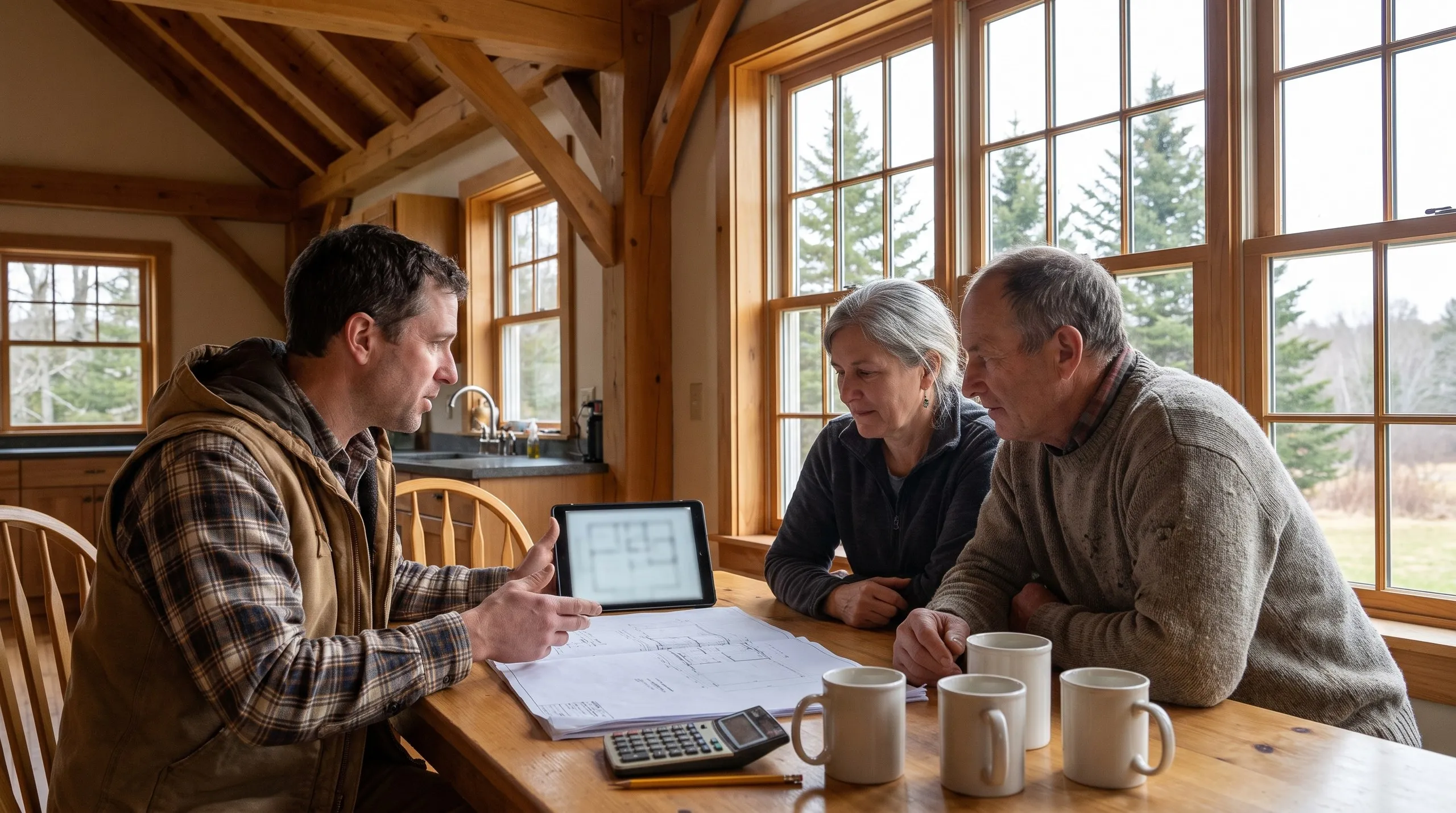 Detached garage builder West Gardiner Maine: builder reviews plans and a tablet with an older couple at a kitchen table