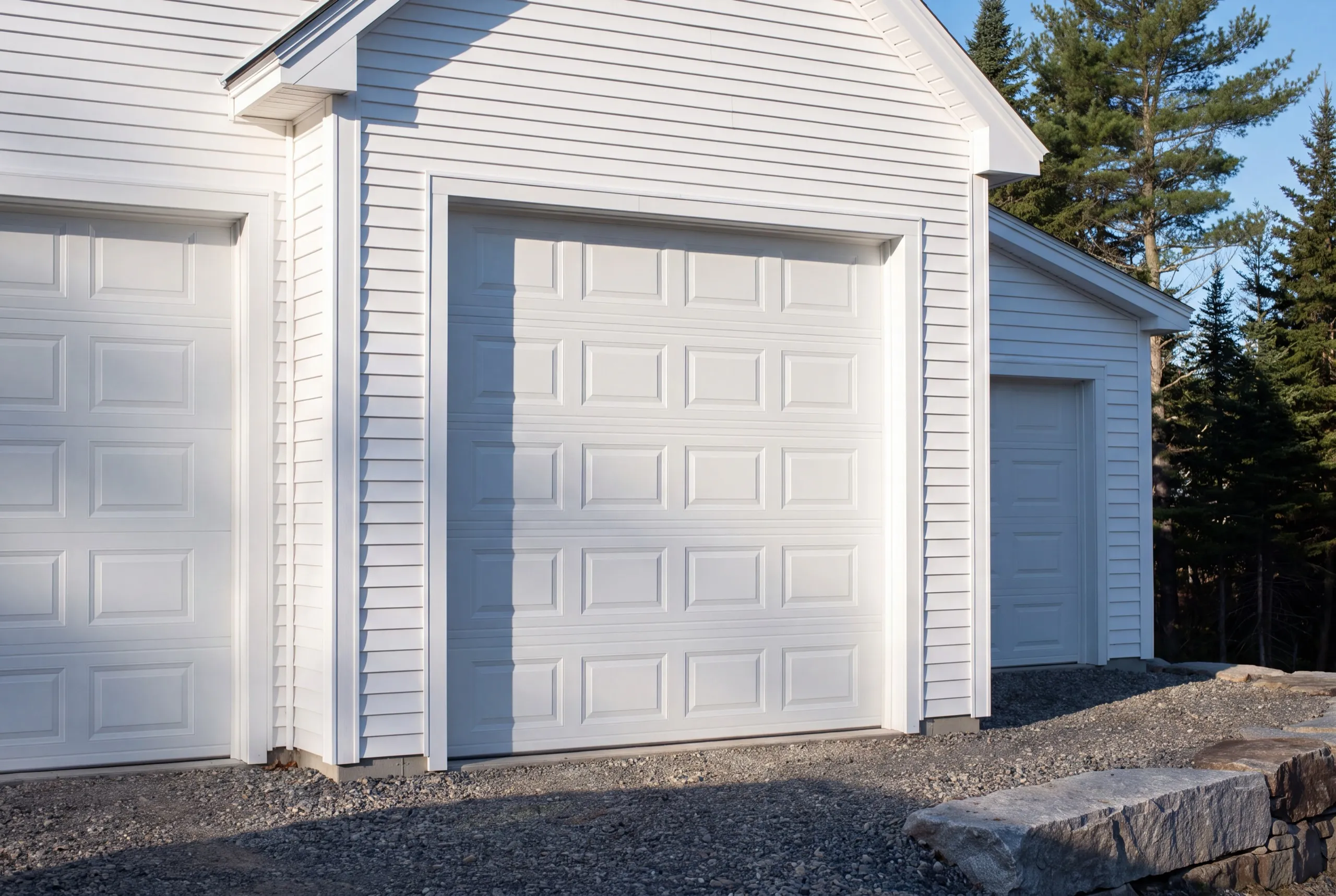 Garage builder West Gardiner Maine: close view of white garage doors on stepped sections with a lower side bay