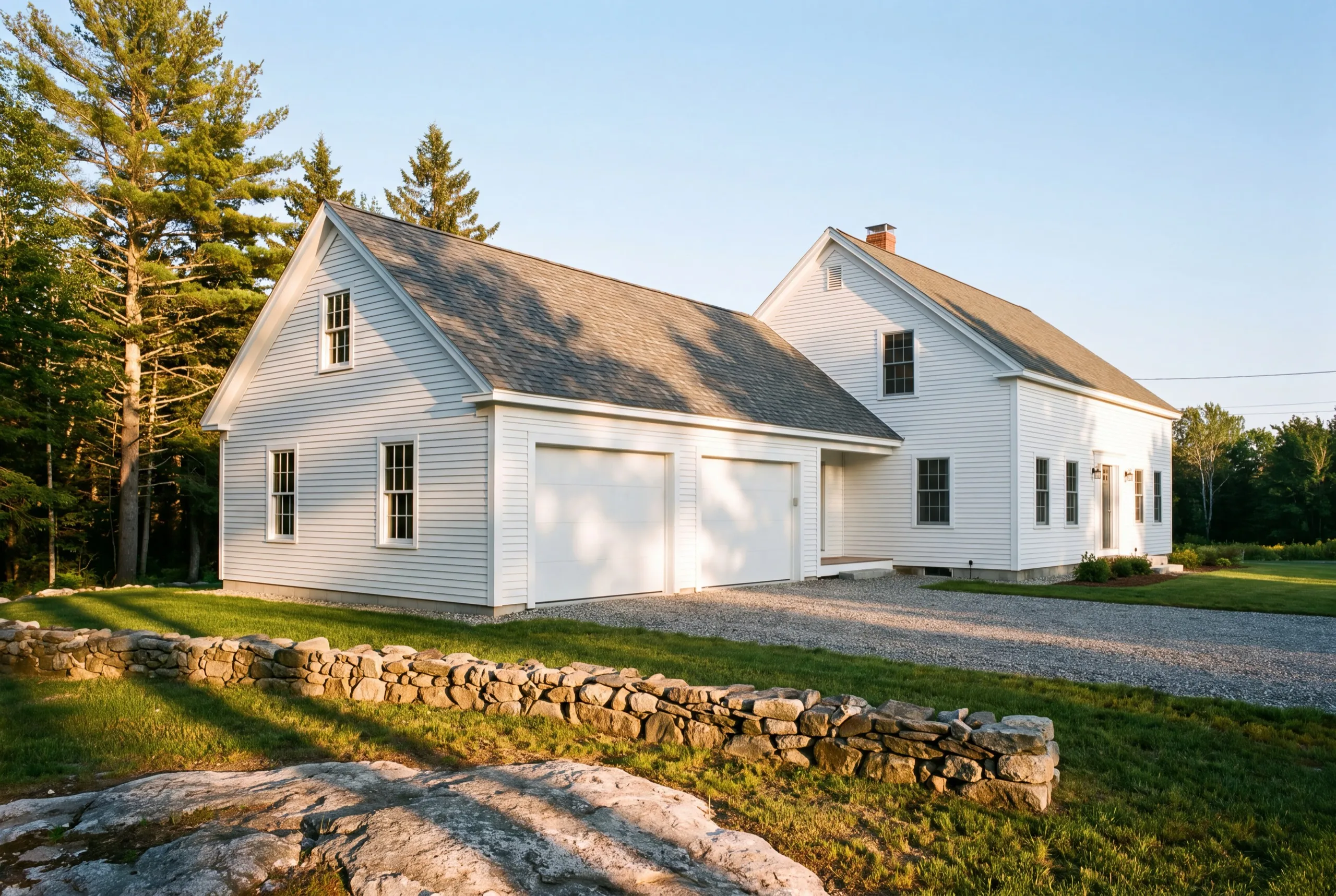 Garage builders Whitefield Maine: white two-bay garage wing joined to a white cape on a gravel drive