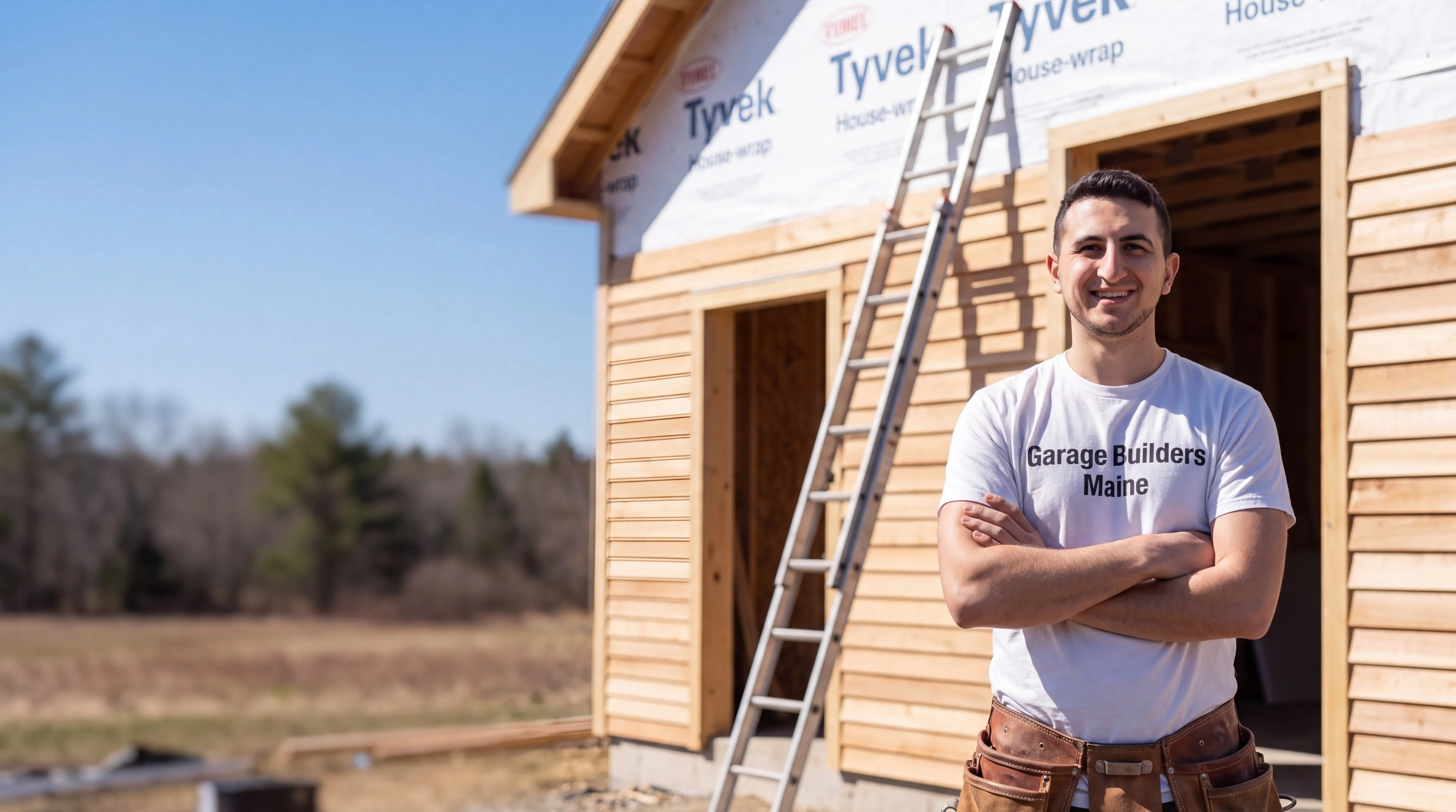 Garage builders Whitefield Maine: owner with arms crossed beside a garage in house wrap with siding going on