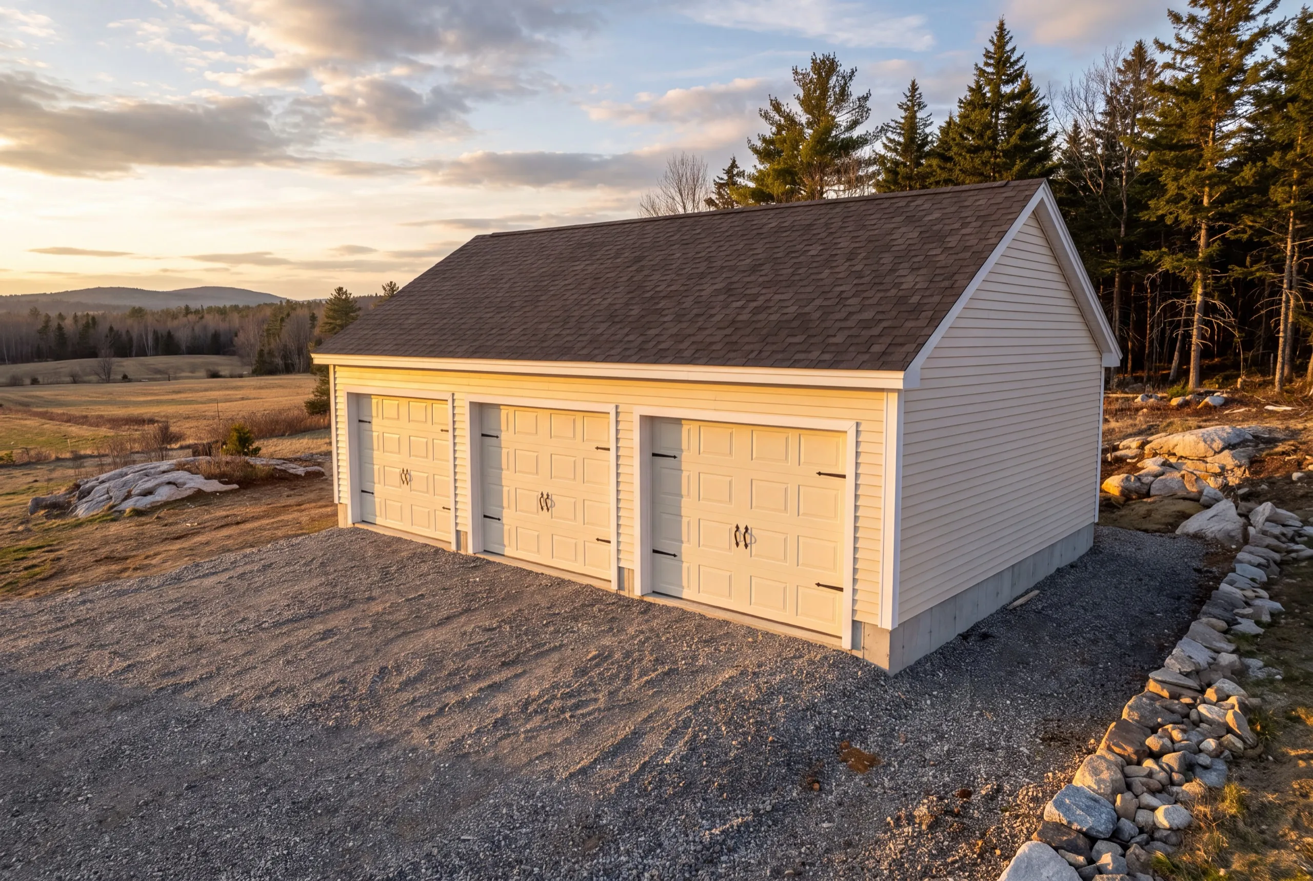 Garage builders Whitefield Maine: cream three-bay garage with carriage-style doors on a gravel pad at sunset