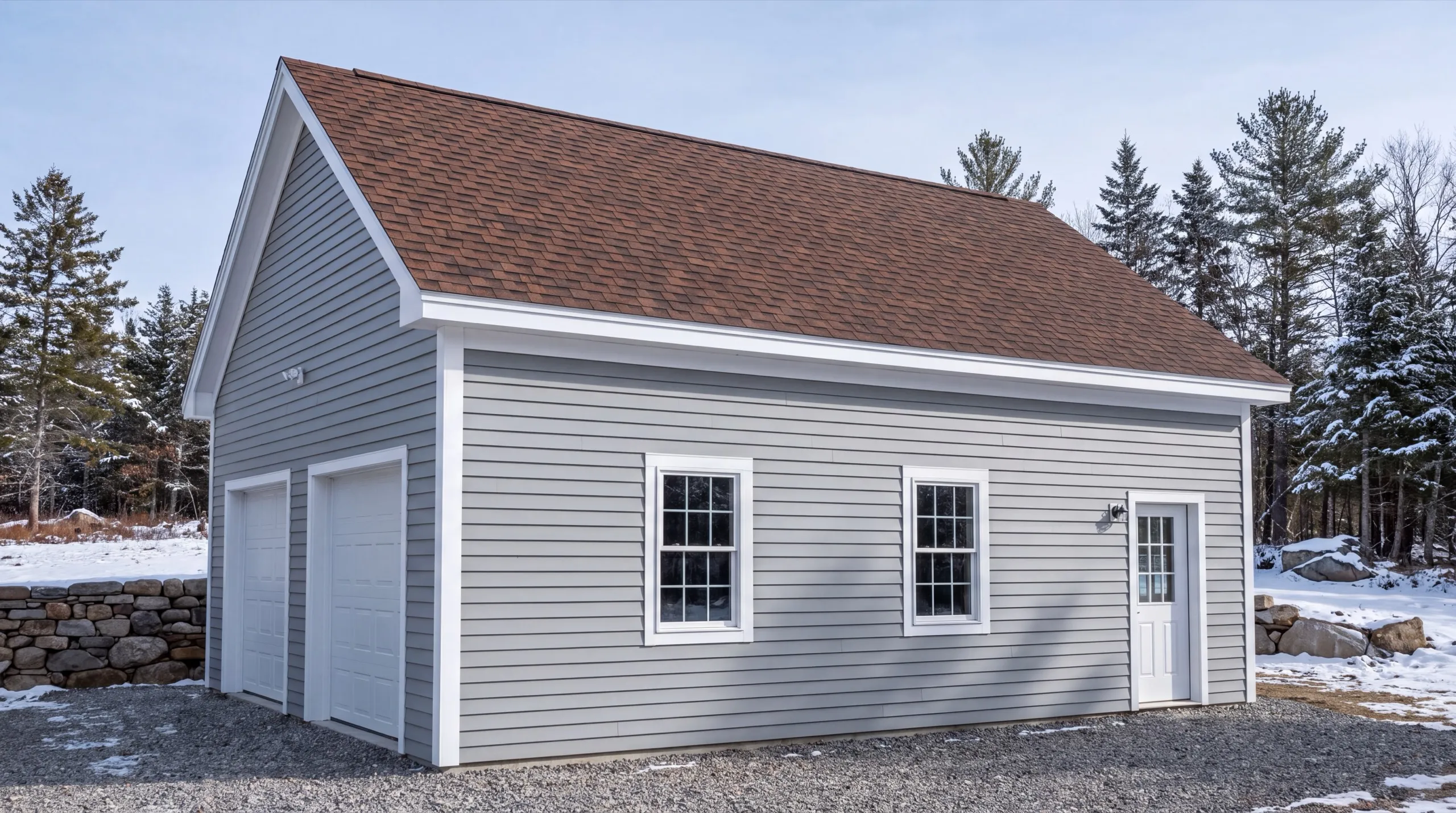 Garage builders Whitefield Maine: detached gray two-bay garage with a brown roof among pines and light snow
